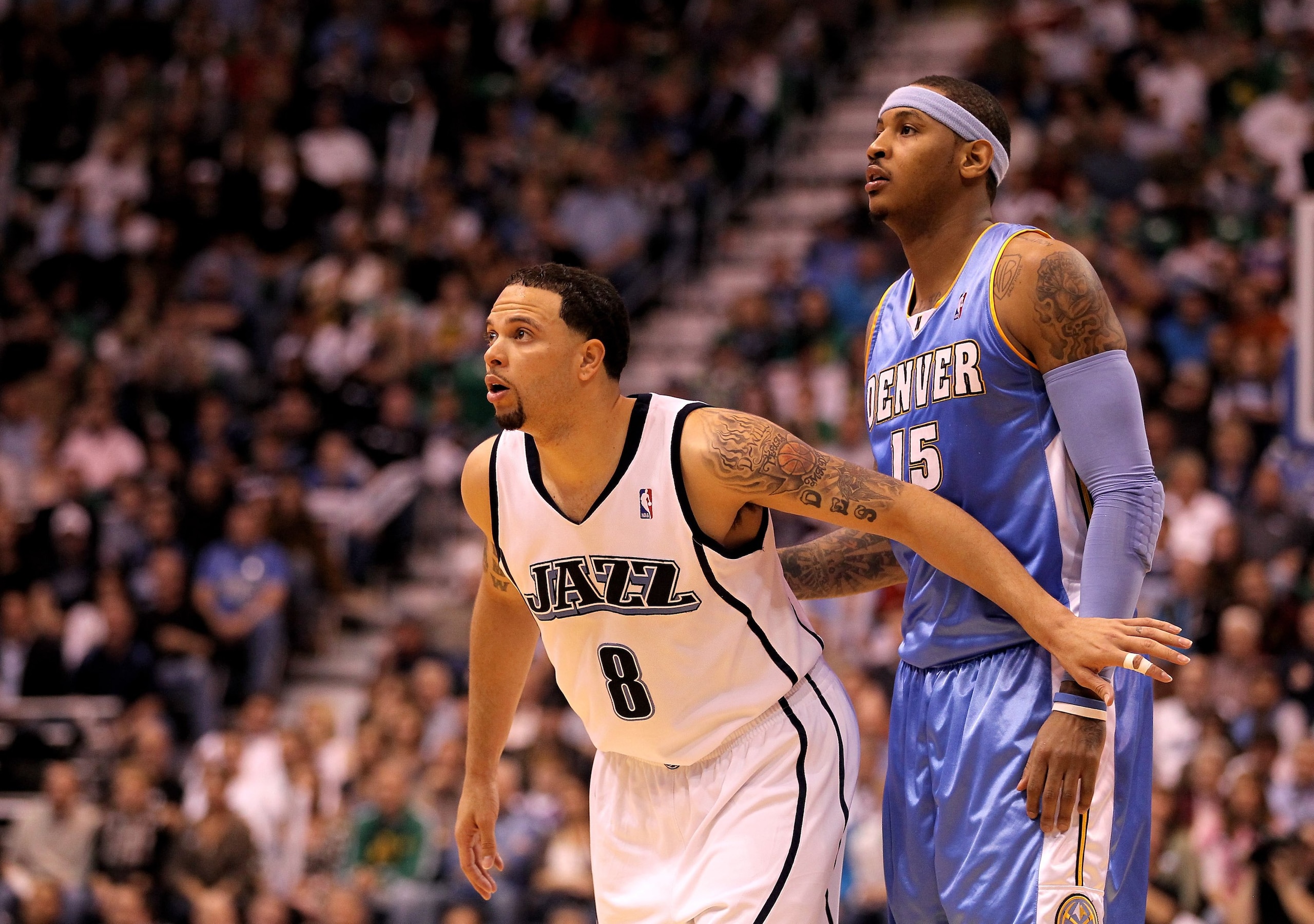 SALT LAKE CITY - APRIL 30:  Deron Williams #8 of the Utah Jazz boxes out Carmelo Anthony #15 of the Denver Nuggets in Game Six of the Western Conference Quarterfinals of the 2010 NBA Playoffs at EnergySolutions Arena on April 30, 2010 in Salt Lake City, U