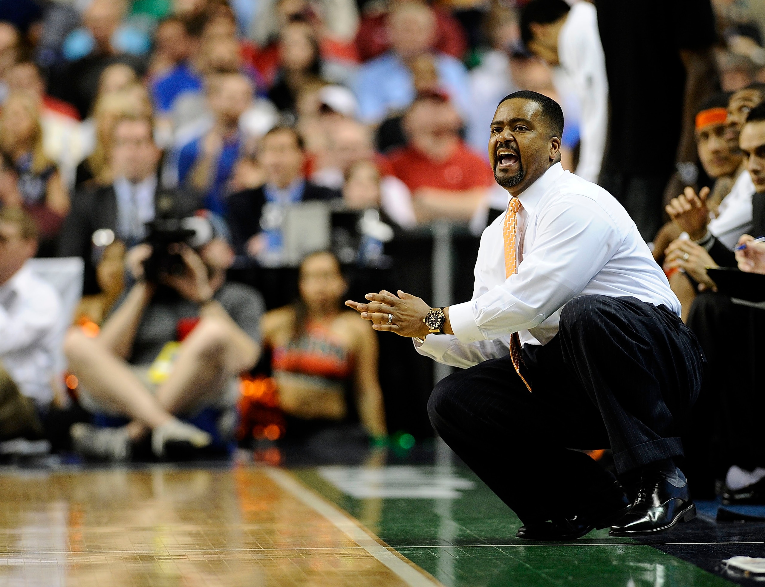 GREENSBORO, NC - MARCH 13:  Frank Haith, head coach of the University of Miami Hurricanes coaches in their semifinal game against the Duke Blue Devils in the 2010 ACC Men's Basketball Tournament at the Greensboro Coliseum on on March 13, 2010 in Greensbor