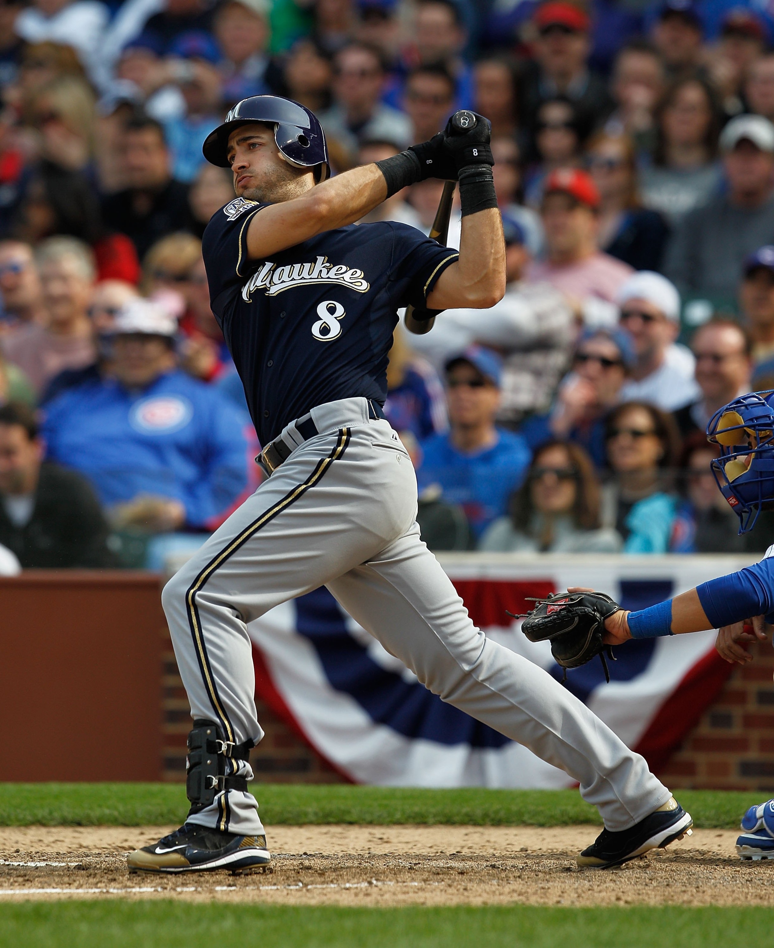 CHICAGO - APRIL 12: Ryan Braun #8 of the Milwaukee Brewers hits the ball against the Chicago Cubs on Opening Day at Wrigley Field on April 12, 2010 in Chicago, Illinois. The Cubs defeated the Brewers 9-5.  (Photo by Jonathan Daniel/Getty Images)