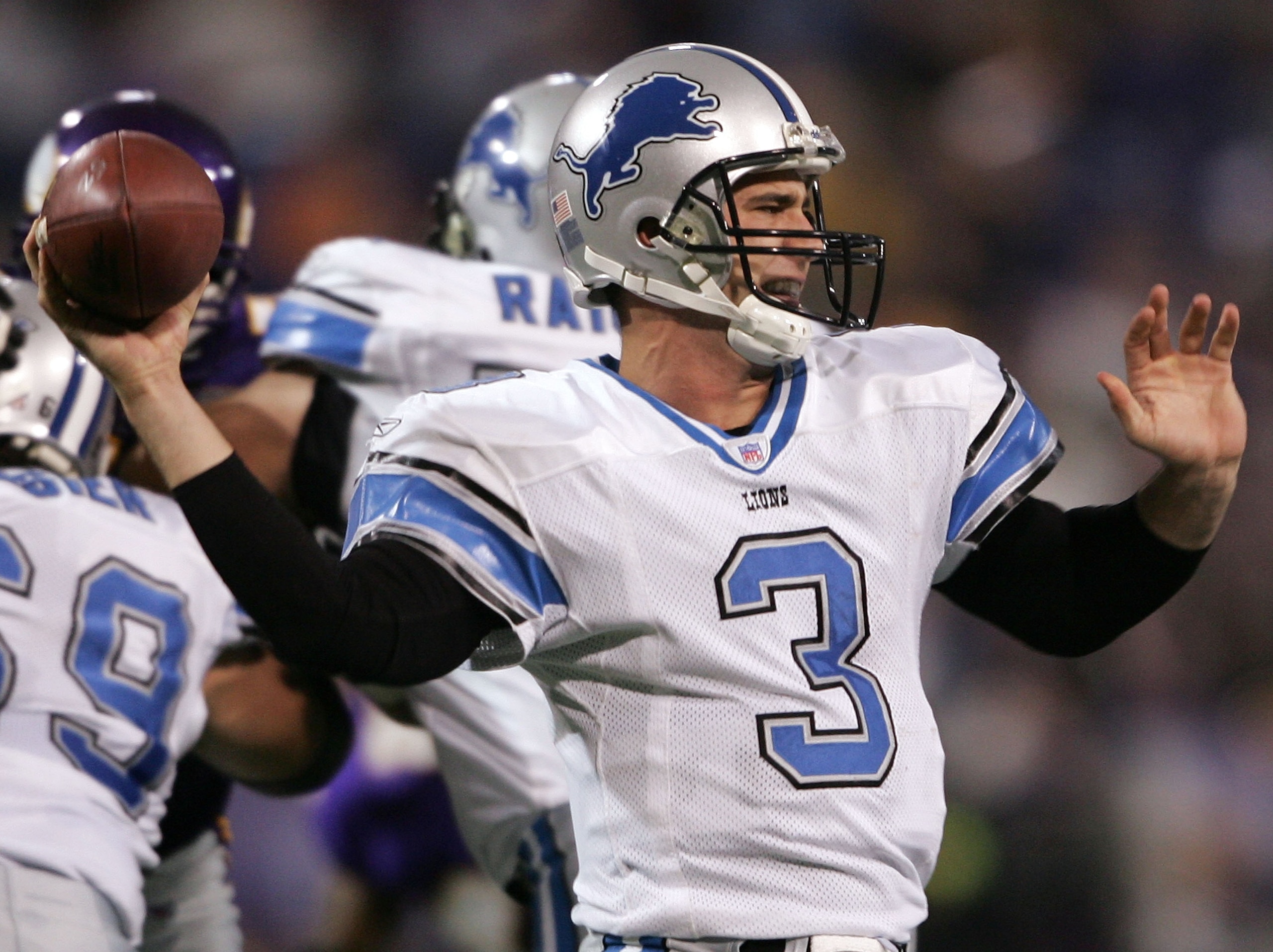 MINNEAPOLIS - NOVEMBER 6: Joey Harrington #3 of  the Detroit Lions tries to pass in the second half against the Minnesota Vikings on November 6, 2005 at the Hubert H. Humphrey Metrodome in Minneapolis, Minnesota.  The Minnesota Vikings defeated the Detroi