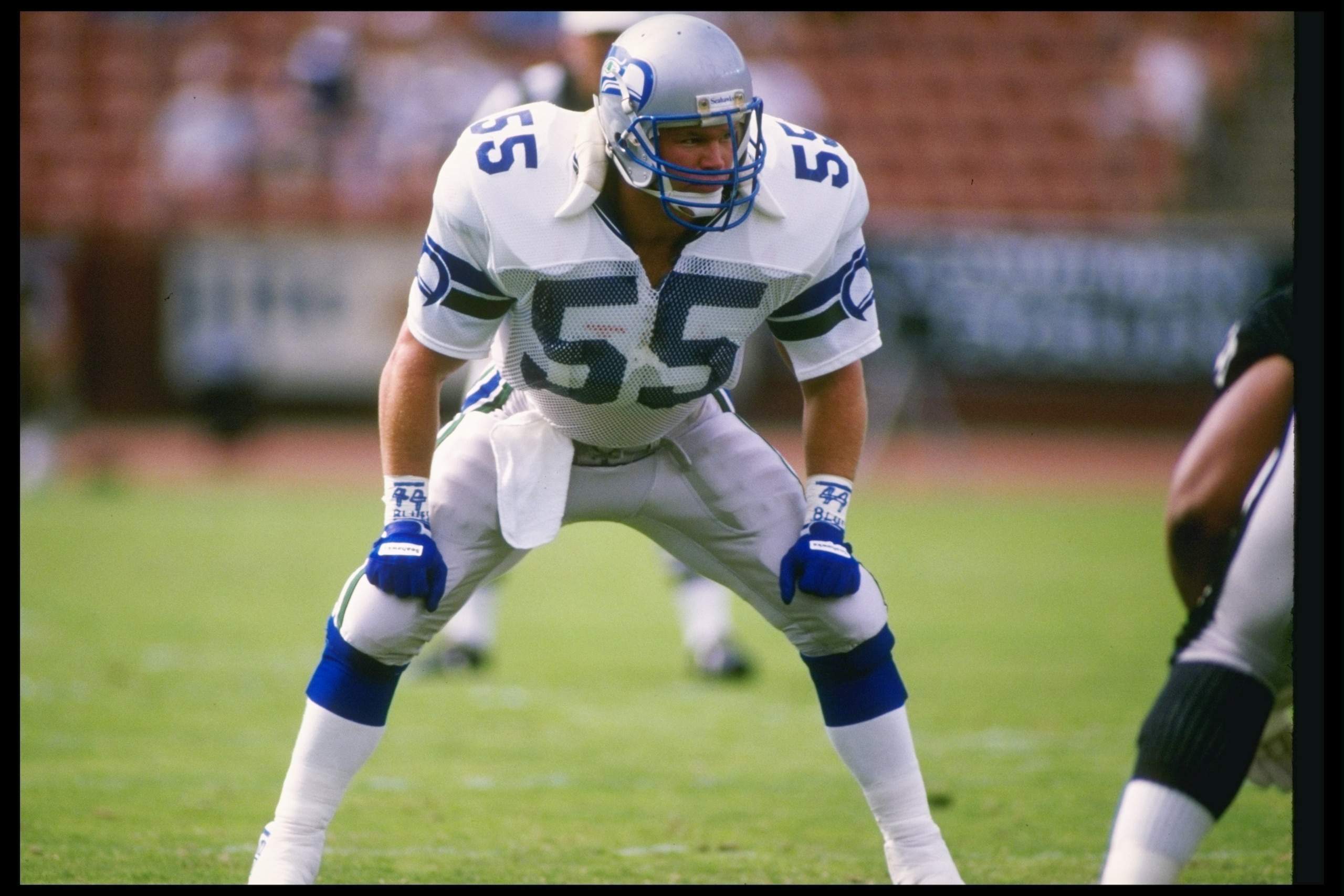 18 Dec 1988: Linebacker Brian Bosworth of the Seattle Seahawks looks on during a game against the Los Angeles Raiders at the Los Angeles Memorial Coliseum in Los Angeles, California. The Seahawks won the game, 43-37.