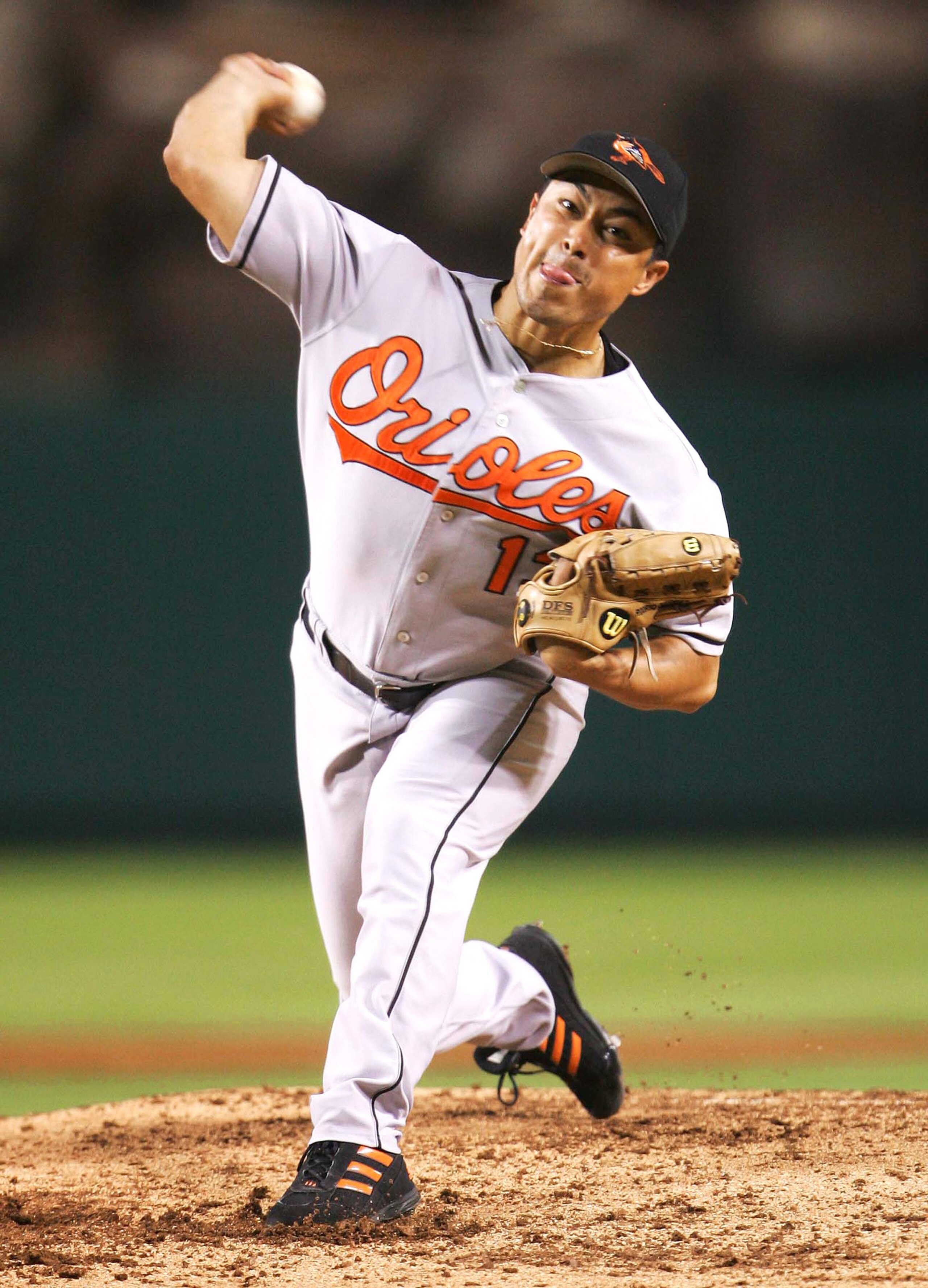 ANAHEIM, CA - SEPTEMBER 4:  Rodrigo Lopez #13 of the Baltimore Orioles throws a pitch in the second inning against the Los Angeles Angels of Anaheim during the game on September 4, 2006 at Angel Stadium in Anaheim, California.  (Photo by: Jeff Gross/Getty