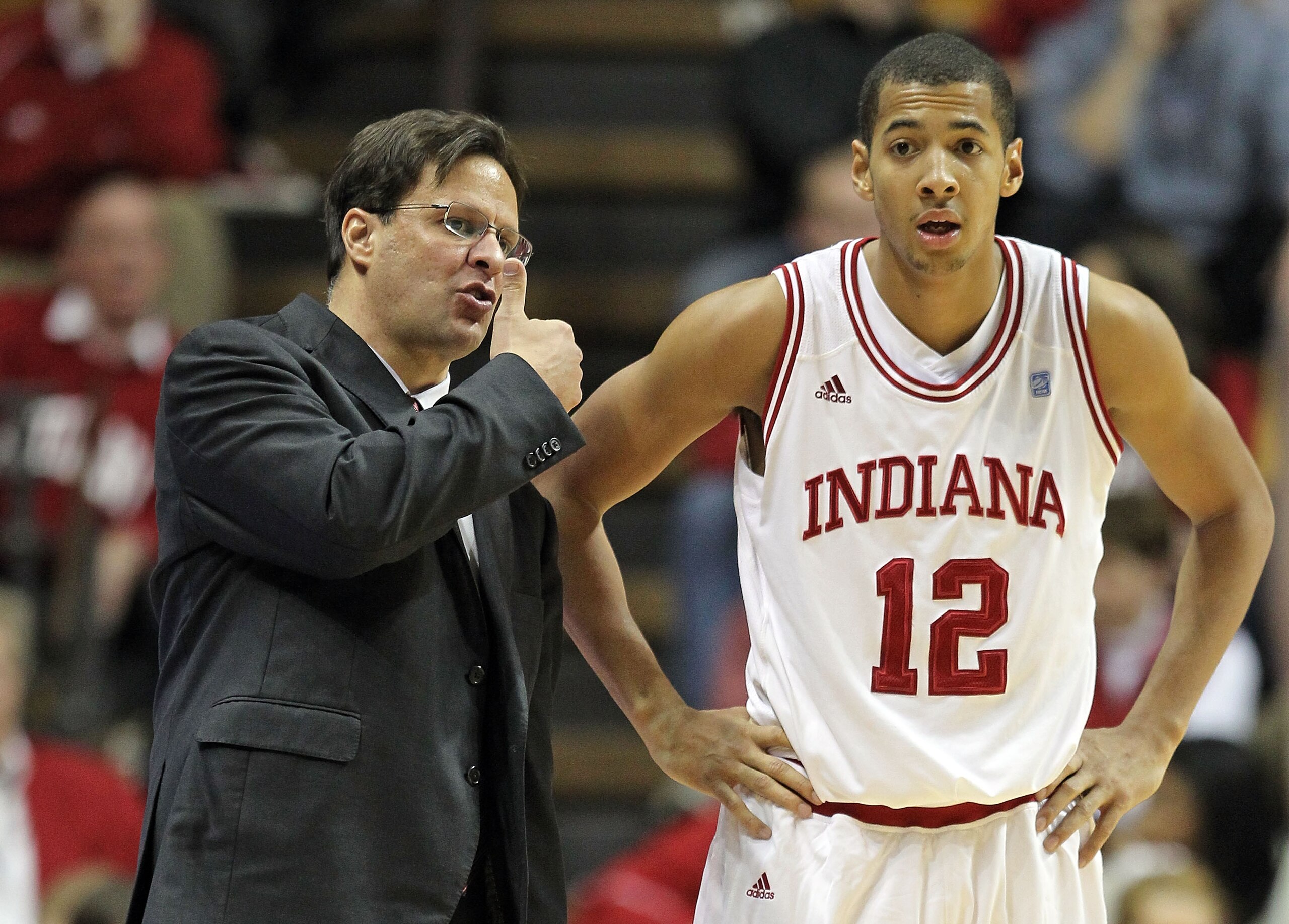 BLOOMINGTON, IN - DECEMBER 27:  Tom Crean the Head Coach of the Indiana Hoosiers gives instructions to Verdell Jones III #12 during the Big Ten Conference game against the Penn State Nittany Lions on December 27, 2010 at Assembly Hall in Bloomington, Indi