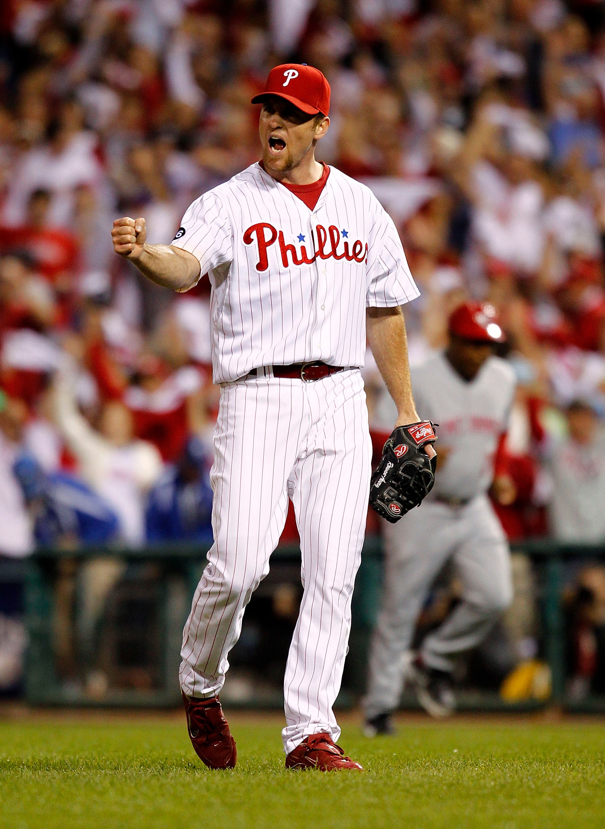 PHILADELPHIA - OCTOBER 08:  Brad Lidge #54 of the Philadelphia Phillies celebrates win over the Cincinnati Reds in Game 2 of the NLDS at Citizens Bank Park on October 8, 2010 in Philadelphia, Pennsylvania.  (Photo by Jeff Zelevansky/Getty Images)