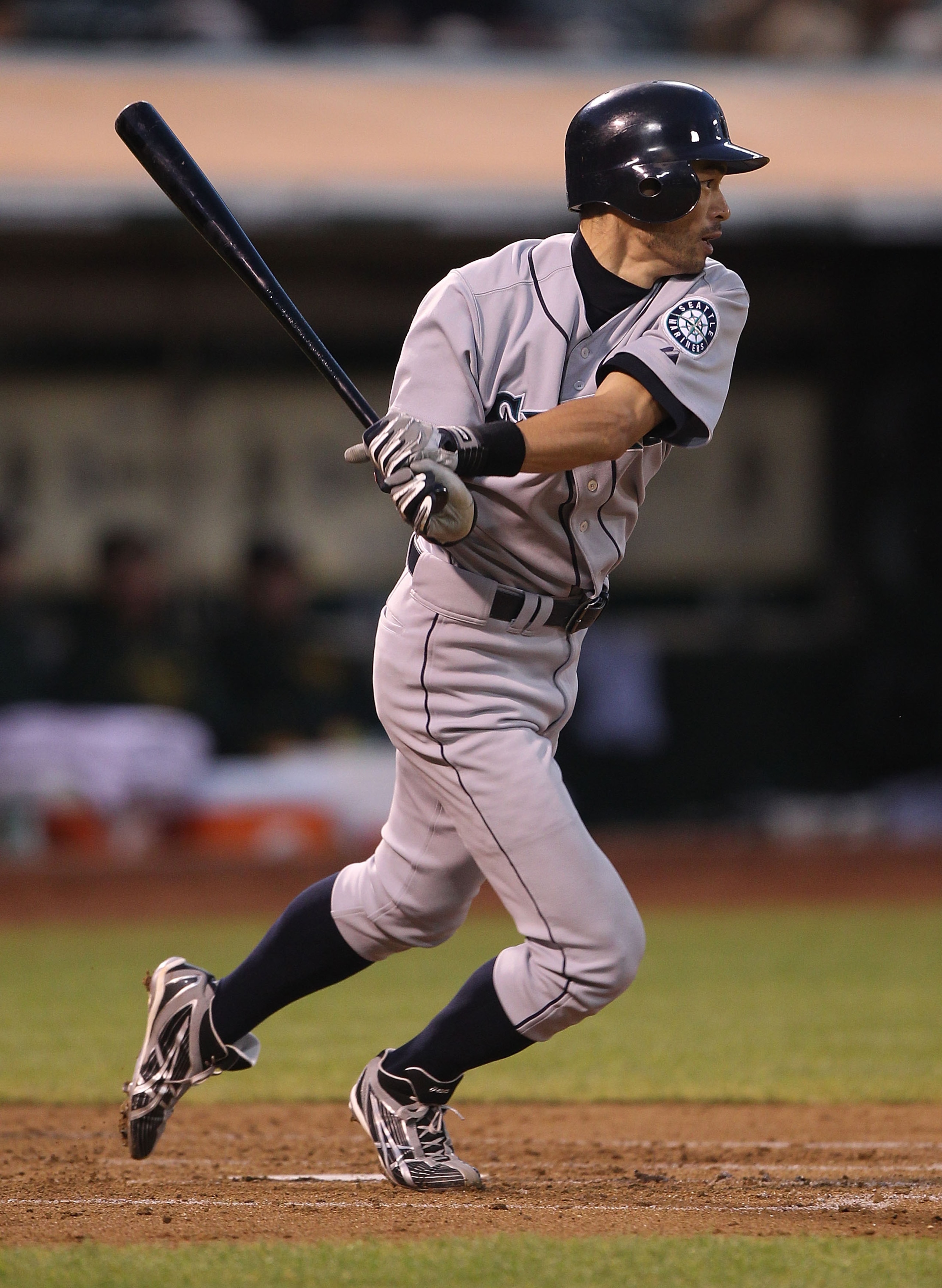 OAKLAND, CA - SEPTEMBER 08:  Ichiro Suzuki #51 of the Seattle Mariners singles in the second inning against the Oakland Athletics during a Major League Baseball game at the Oakland-Alameda County Coliseum on September 8, 2010 in Oakland, California.  (Pho