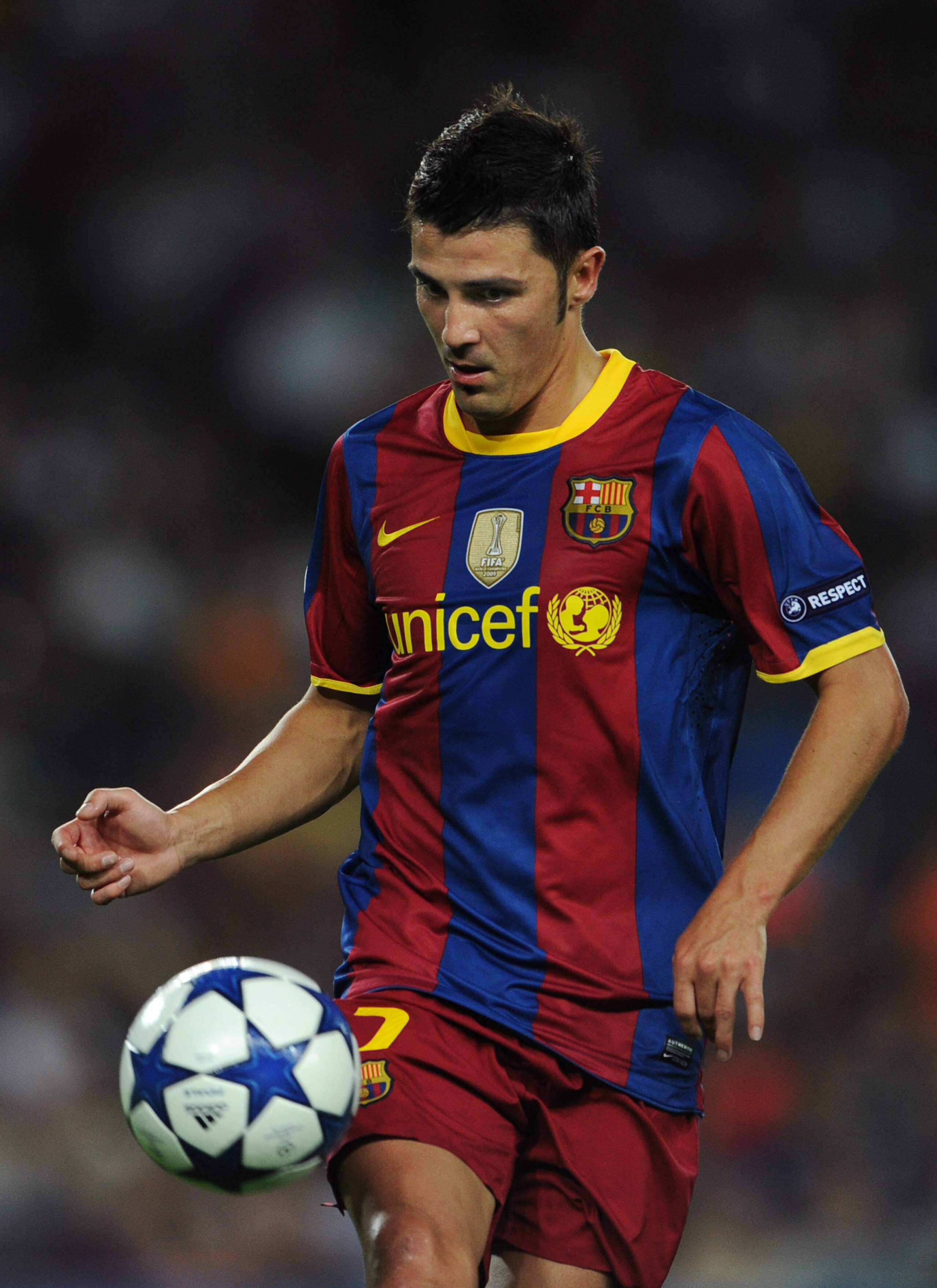 BARCELONA, SPAIN - SEPTEMBER 14:  David Villa of Barcelona controls the ball during the UEFA Champions League group D match between Barcelona and Panathinaikos on September 14, 2010 in Barcelona, Spain. Barcelona won the match 5-1.  (Photo by Jasper Juine