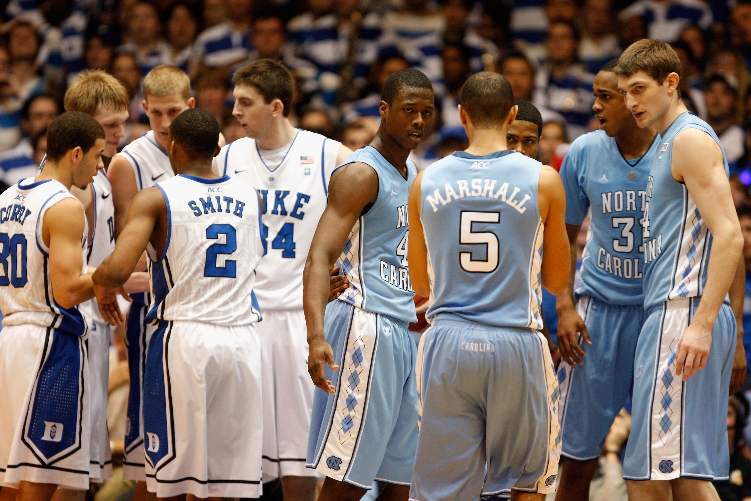 DURHAM, NC - FEBRUARY 09: Harrison Barnes #40 and Tyler Zeller #44 of the North Carolina Tar Heels watch on against the Duke Blue Devils during their game at Cameron Indoor Stadium on February 9, 2011 in Durham, North Carolina. (Photo by Streeter Lecka/ DURHAM, NC - FEBRUARY 09: Harrison Barnes #40 and Tyler Zeller #44 of the North Carolina Tar Heels watch on against the Duke Blue Devils during their game at Cameron Indoor Stadium on February 9, 2011 in Durham, North Carolina. (Photo by Streeter Lecka/
