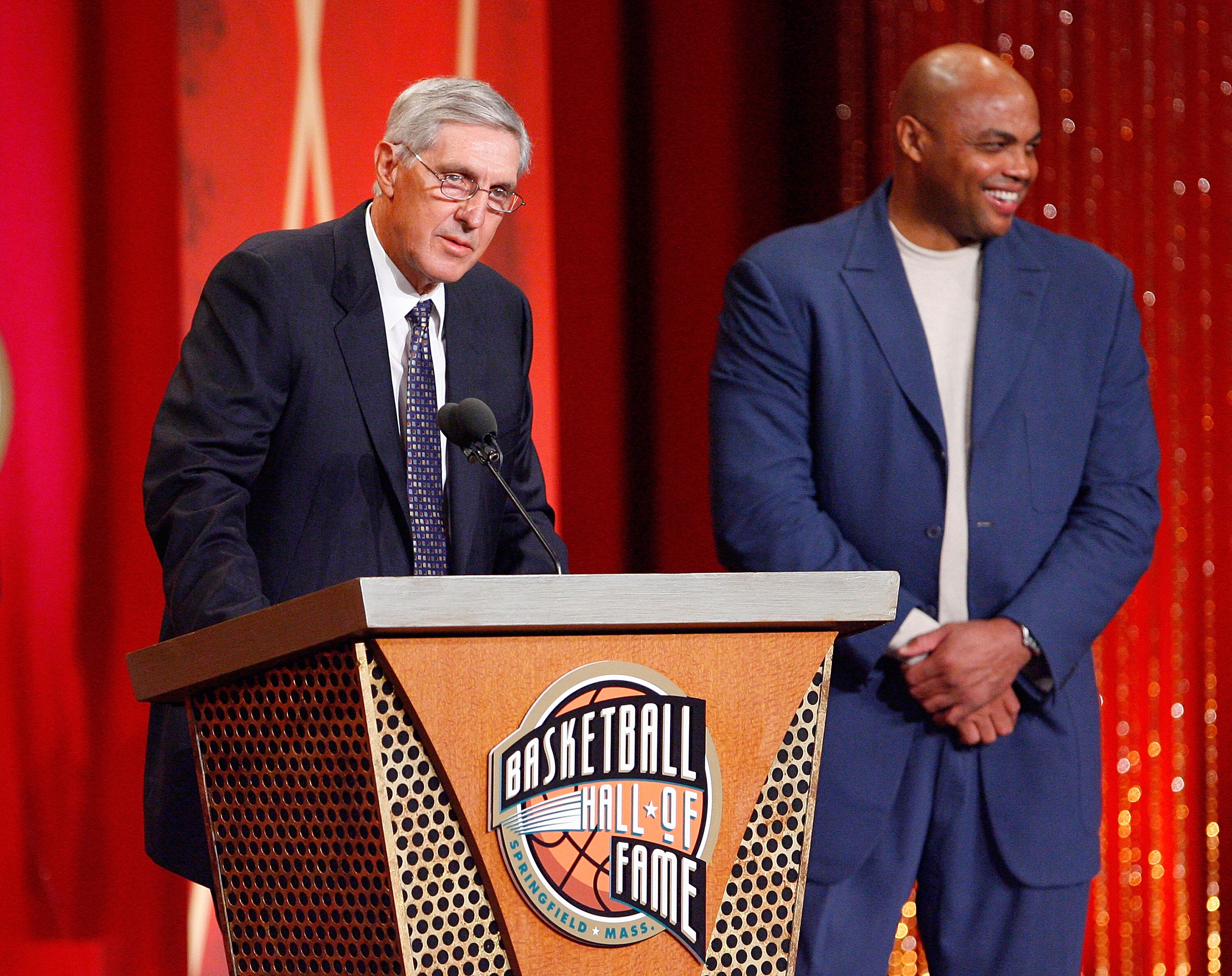 SPRINGFIELD, MA - SEPTEMBER 11:  Charles Barkley presents Coach Jerry Sloan to the Naismith Memorial Basketball Hall of Fame during an induction ceremony on September 11, 2009 in Springfield, Massachusetts. NOTE TO USER: User expressly acknowledges and ag
