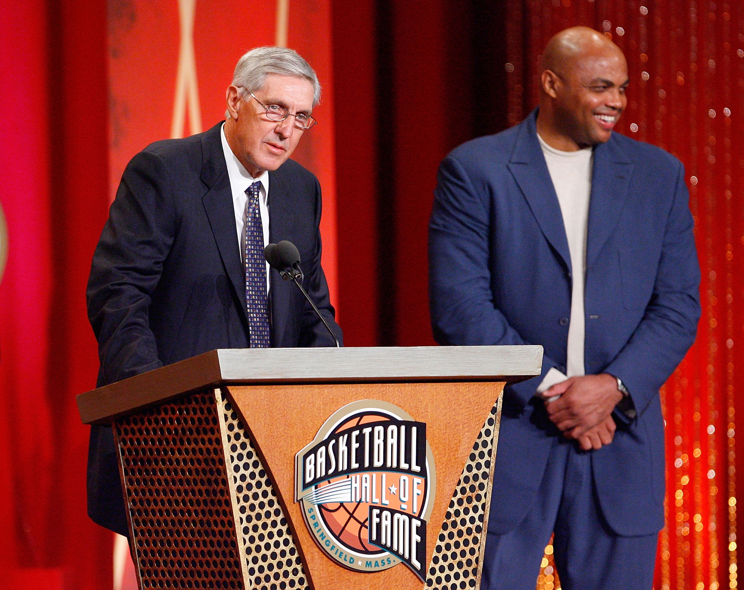 SPRINGFIELD, MA - SEPTEMBER 11:  Charles Barkley presents Coach Jerry Sloan to the Naismith Memorial Basketball Hall of Fame during an induction ceremony on September 11, 2009 in Springfield, Massachusetts. NOTE TO USER: User expressly acknowledges and ag