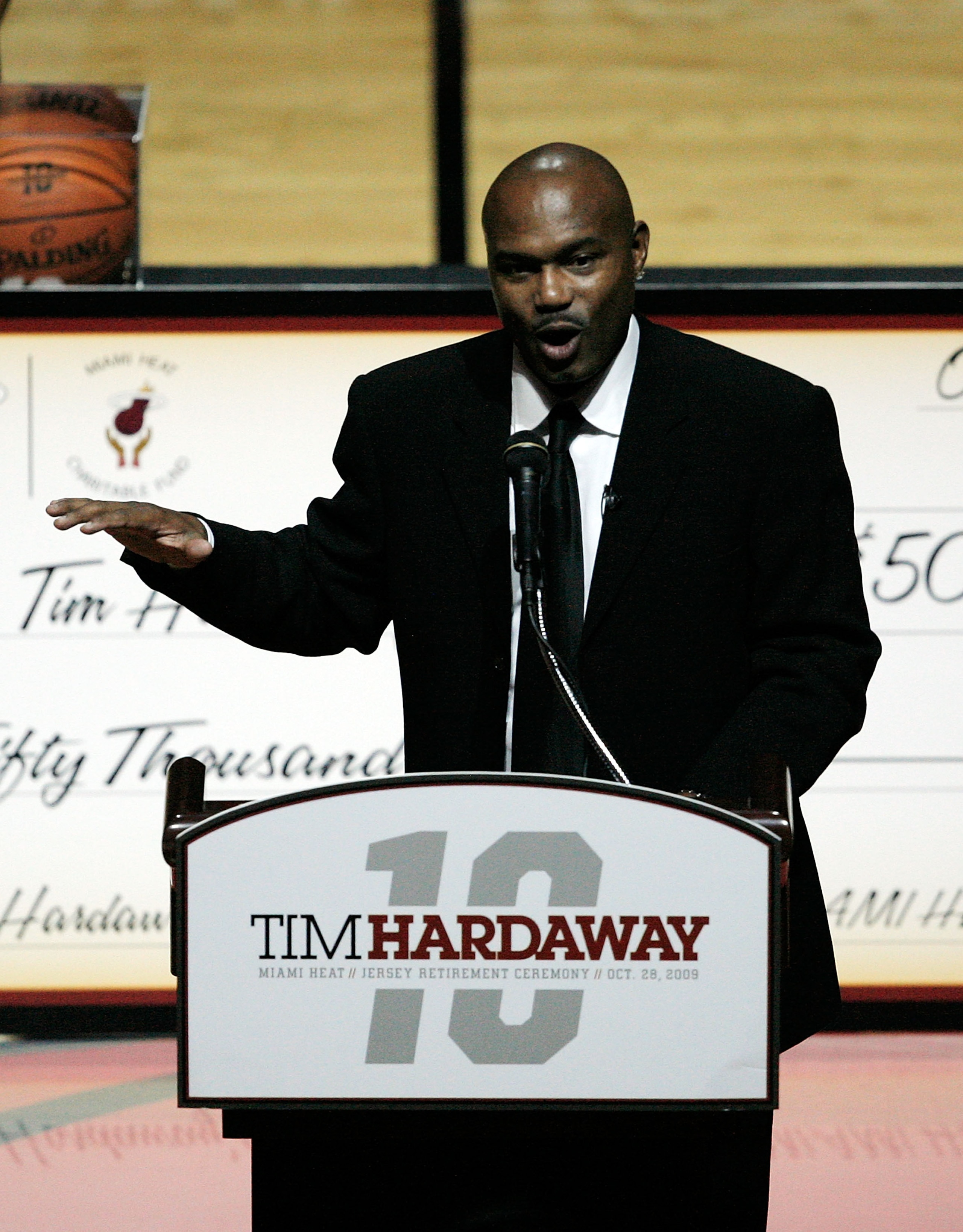 MIAMI - OCTOBER 28:  Former Miami Heat guard Tim Hardaway speaks after having his #10 Heat jersey retired before a game against the New York Knicks at AmericanAirlines Arena on October 28, 2009 in Miami, Florida. NOTE TO USER: User expressly acknowledges