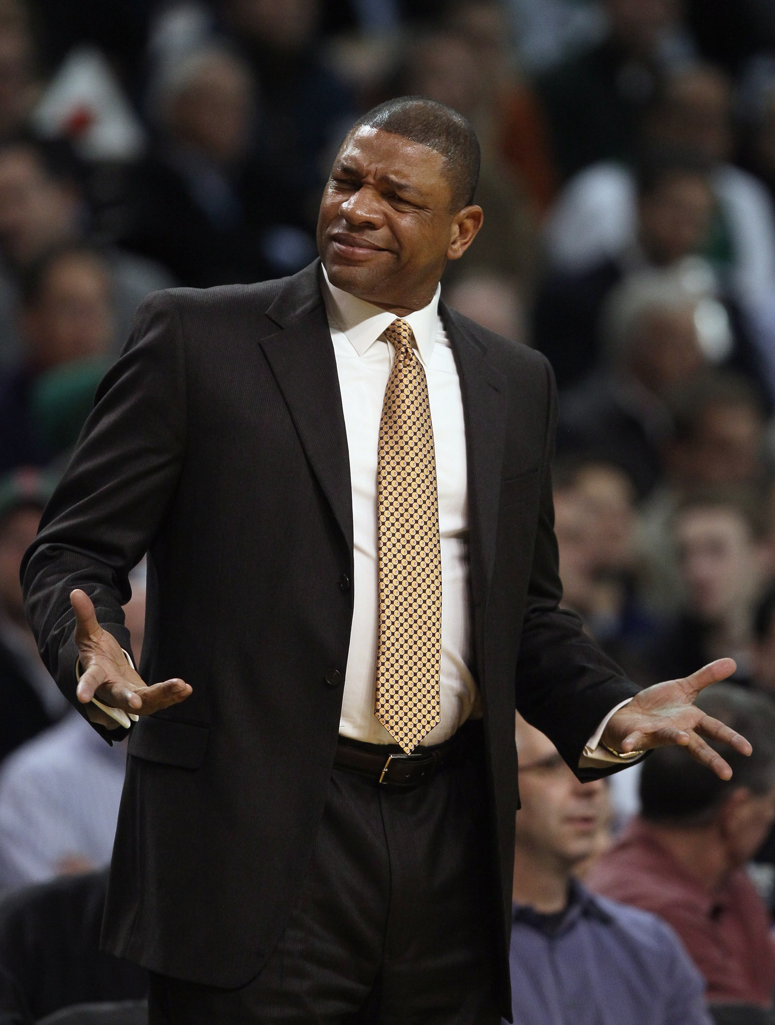 BOSTON, MA - JANUARY 05:  Head coach Doc Rivers of the Boston Celtics reacts to a call in the first half against the San Antonio Spurs on January 5, 2011 at the TD Garden in Boston, Massachusetts. NOTE TO USER: User expressly acknowledges and agrees that,