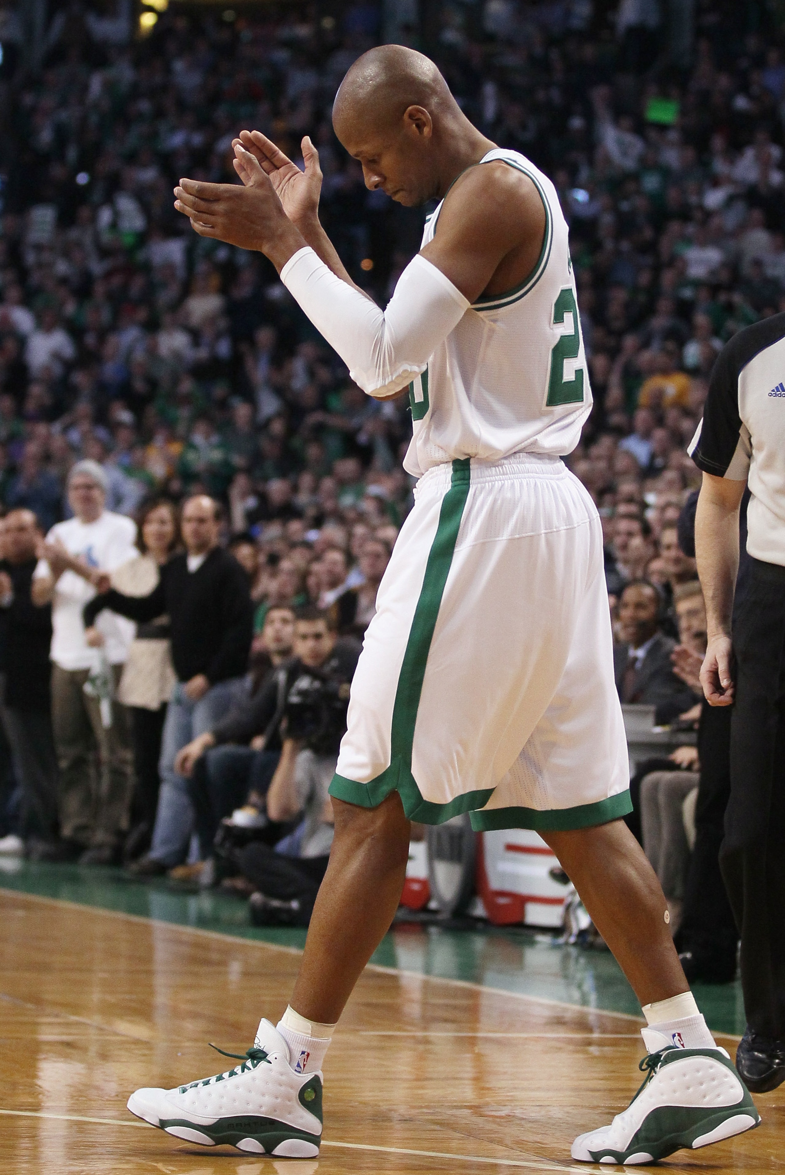 BOSTON, MA - FEBRUARY 10:  Ray Allen #20 of the Boston Celtics claps as he heads to the bench in the first half against the Los Angeles Lakers on February 10, 2011 at the TD Garden in Boston, Massachusetts.  NOTE TO USER: User expressly acknowledges and a