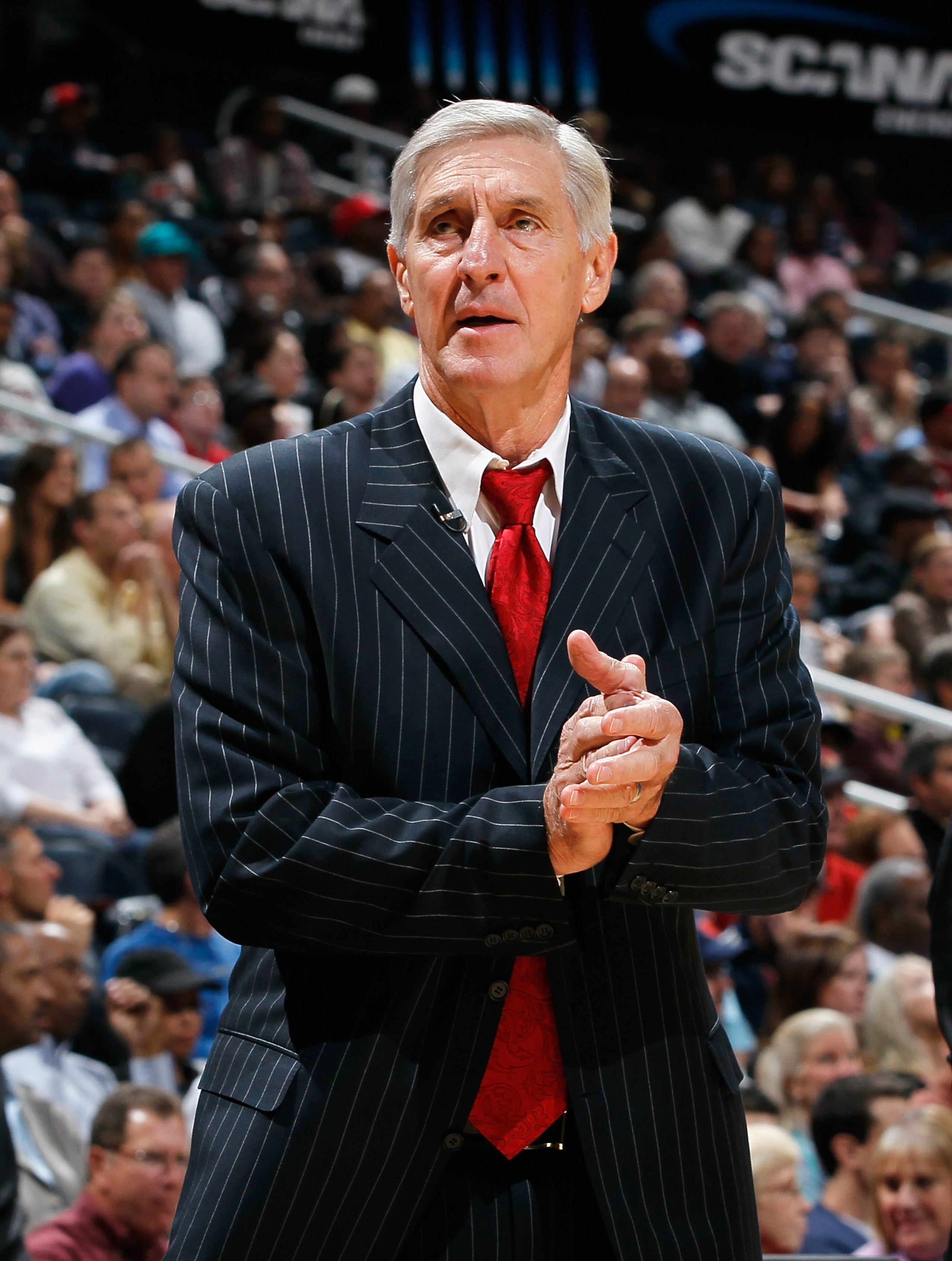 ATLANTA - NOVEMBER 12: Head coach Jerry Sloan of the Utah Jazz against the Atlanta Hawks at Philips Arena on November 12, 2010 in Atlanta, Georgia. NOTE TO USER: User expressly acknowledges and agrees that, by downloading and/or using this Photograph, U ATLANTA - NOVEMBER 12: Head coach Jerry Sloan of the Utah Jazz against the Atlanta Hawks at Philips Arena on November 12, 2010 in Atlanta, Georgia. NOTE TO USER: User expressly acknowledges and agrees that, by downloading and/or using this Photograph, U