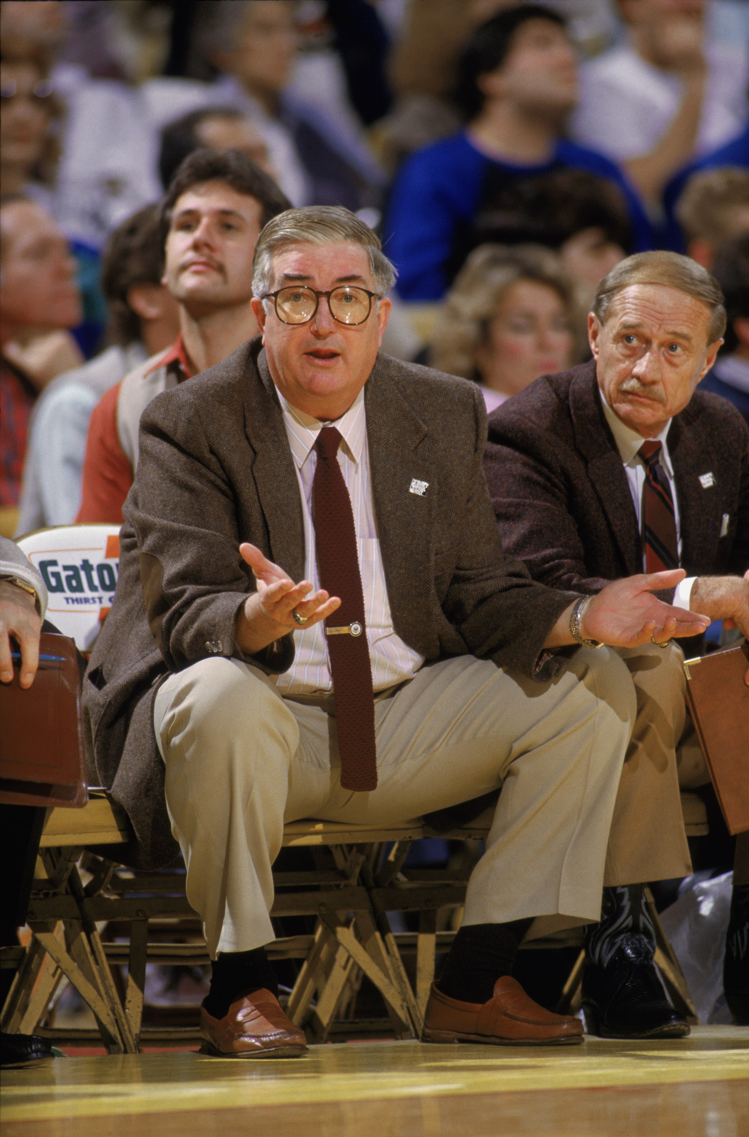 SALT LAKE CITY - 1989:  Head coach Frank Layden of the Utah Jazz sits on the bench during an NBA game at The Salt Palace in Salt Lake City, Utah in 1989. (Photo by Rick Stewart/Getty Images)