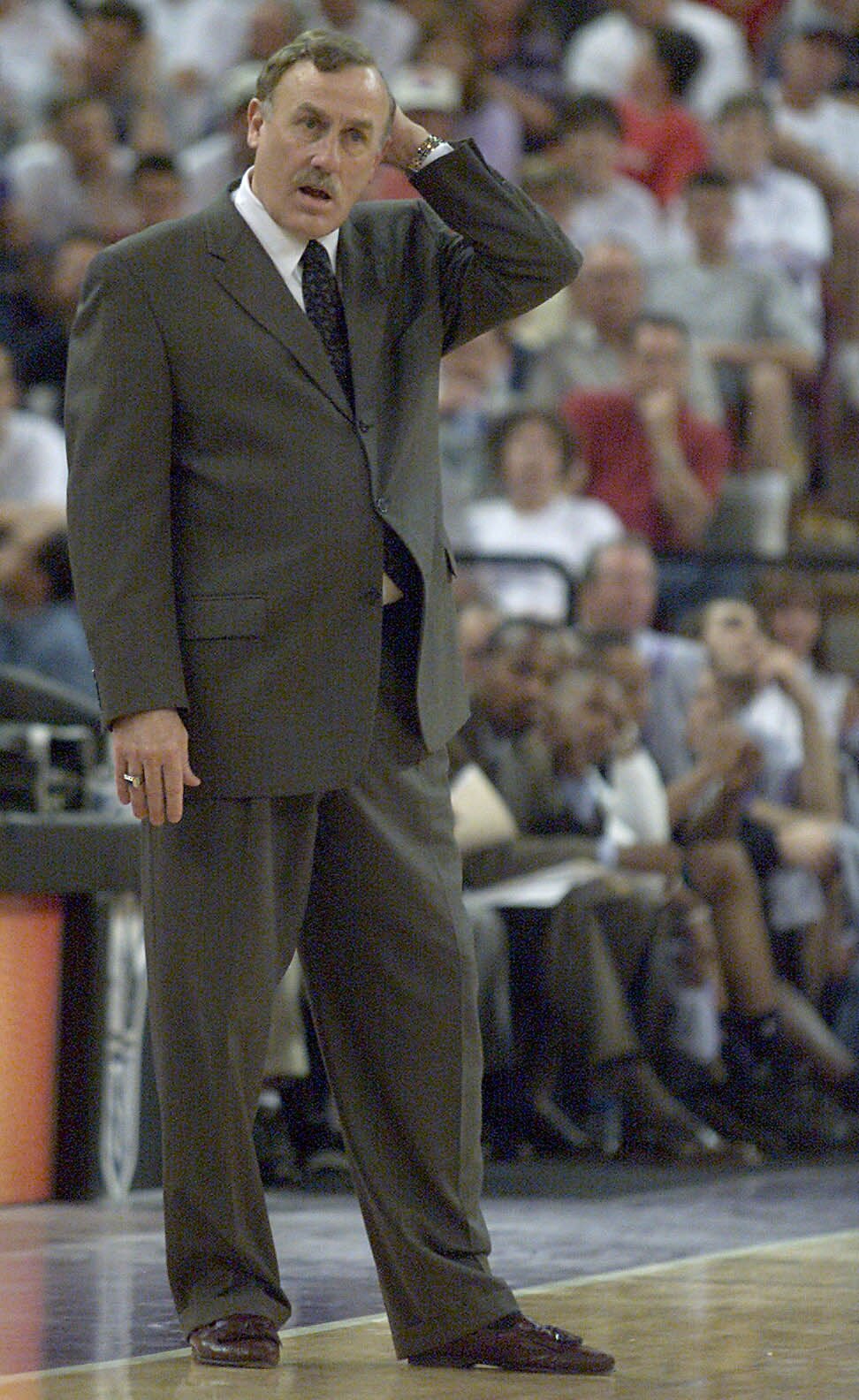 13 May 2001: Sacramento Kings head coach Rick Adleman stands in disbelief near the end of game four of the NBA Western Conference Semifinals against the Los Angeles Lakers at Arco Arena in Sacramento, California. DIGITAL IMAGE Mandatory Credit: Jed Jacobs