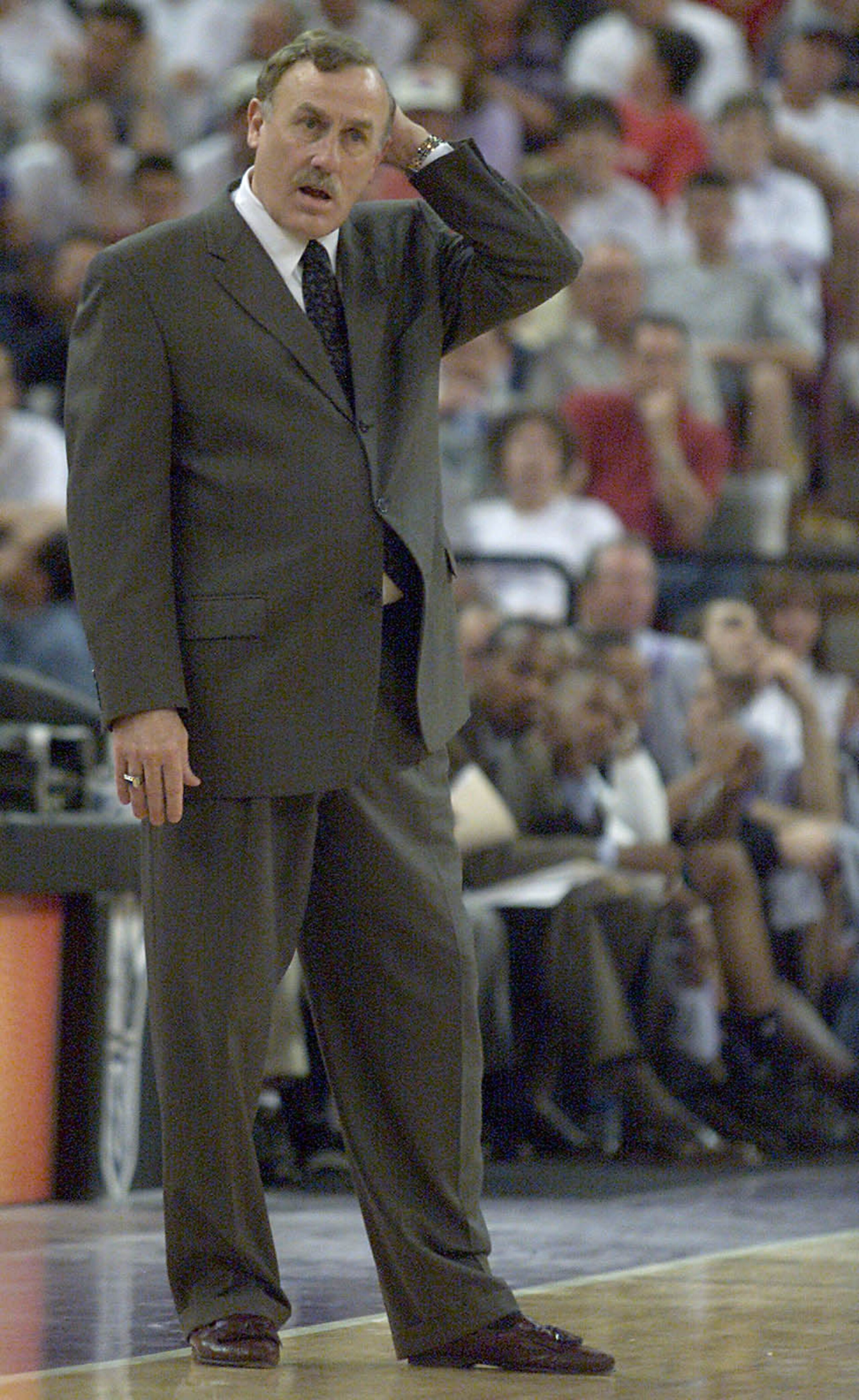 13 May 2001: Sacramento Kings head coach Rick Adleman stands in disbelief near the end of game four of the NBA Western Conference Semifinals against the Los Angeles Lakers at Arco Arena in Sacramento, California. DIGITAL IMAGE Mandatory Credit: Jed Jacobs 13 May 2001: Sacramento Kings head coach Rick Adleman stands in disbelief near the end of game four of the NBA Western Conference Semifinals against the Los Angeles Lakers at Arco Arena in Sacramento, California. DIGITAL IMAGE Mandatory Credit: Jed Jacobs