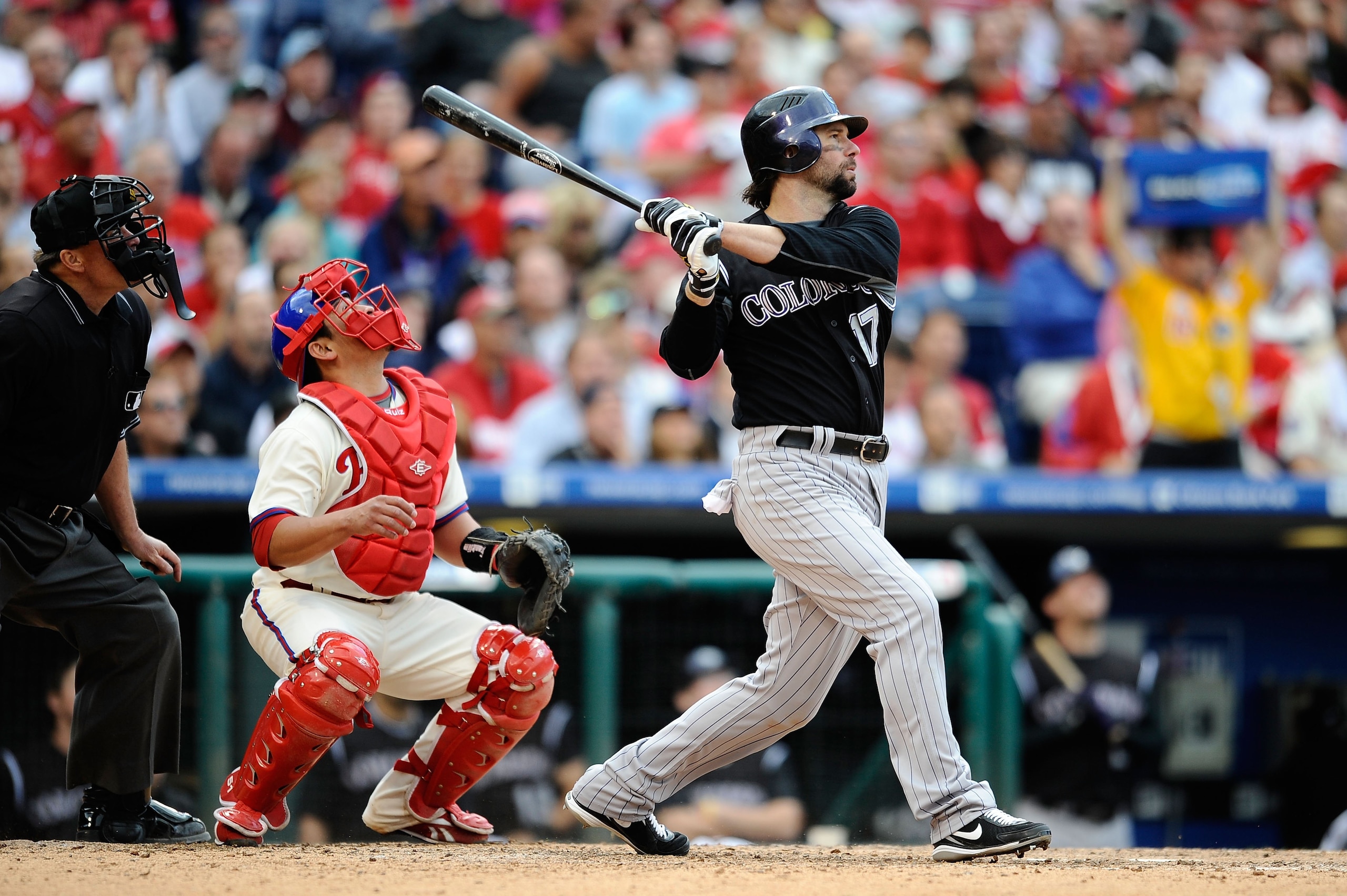 PHILADELPHIA - OCTOBER 07:  Todd Helton #17 of the Colorado Rockies bats against the Philadelphia Phillies in Game One of the NLDS during the 2009 MLB Playoffs at Citizens Bank Park on October 7, 2009 in Philadelphia, Pennsylvania.  (Photo by Jeff Zelevan
