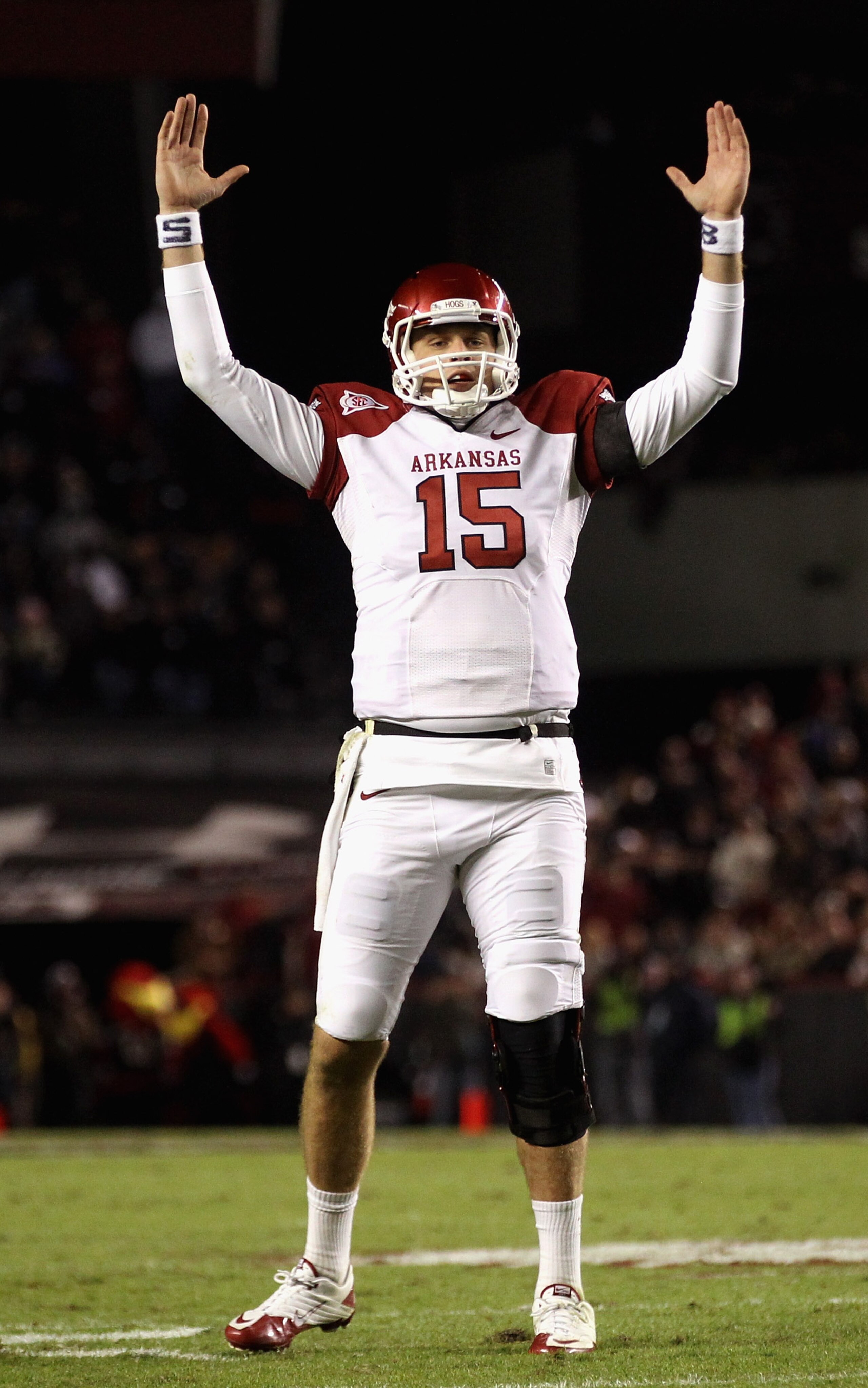COLUMBIA, SC - NOVEMBER 06:  Ryan Mallett #15 of the Arkansas Razorbacks celebrates after a touchdown against the South Carolina Gamecocks during their game at Williams-Brice Stadium on November 6, 2010 in Columbia, South Carolina.  (Photo by Streeter Lec