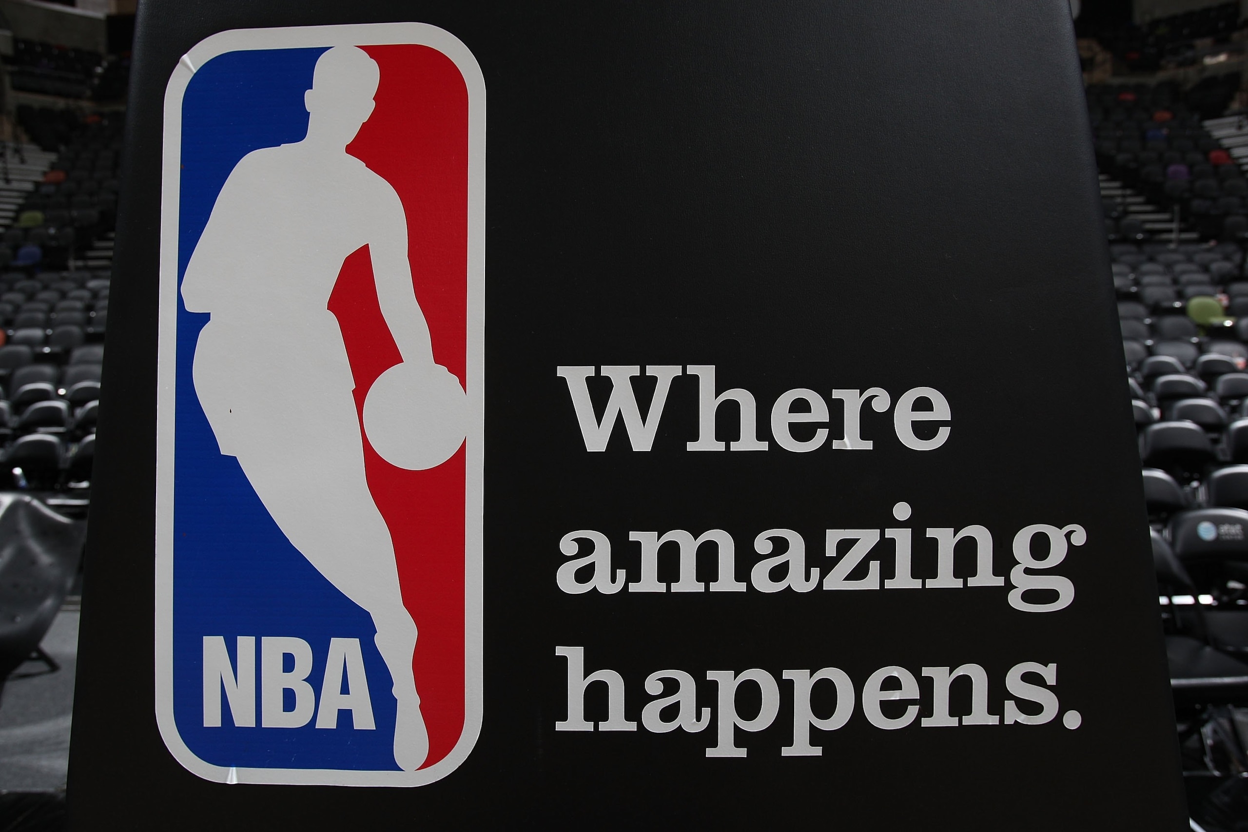 SAN ANTONIO - APRIL 18:  The NBA logo after a game between the Dallas Mavericks and the San Antonio Spurs in Game One of the Western Conference Quarterfinals during the 2009 NBA Playoffs at AT&T Center on April 18, 2009 in San Antonio, Texas. NOTE TO USER