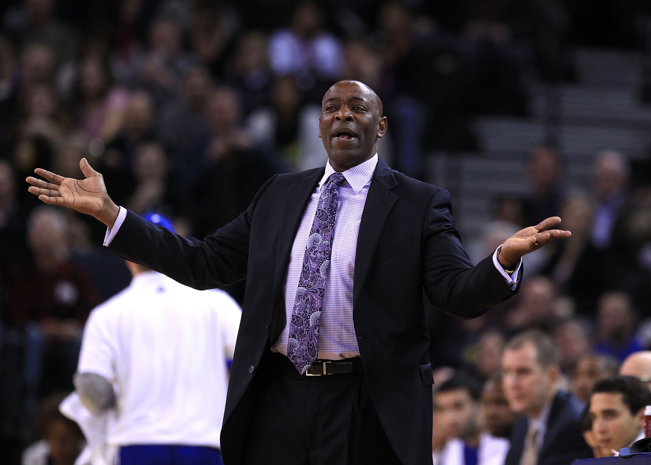 OAKLAND, CA - JANUARY 19:  Head coach Keith Smart of the Golden State Warriors argues a call during their game against the Indiana Pacers at Oracle Arena on January 19, 2011 in Oakland, California.  NOTE TO USER: User expressly acknowledges and agrees tha
