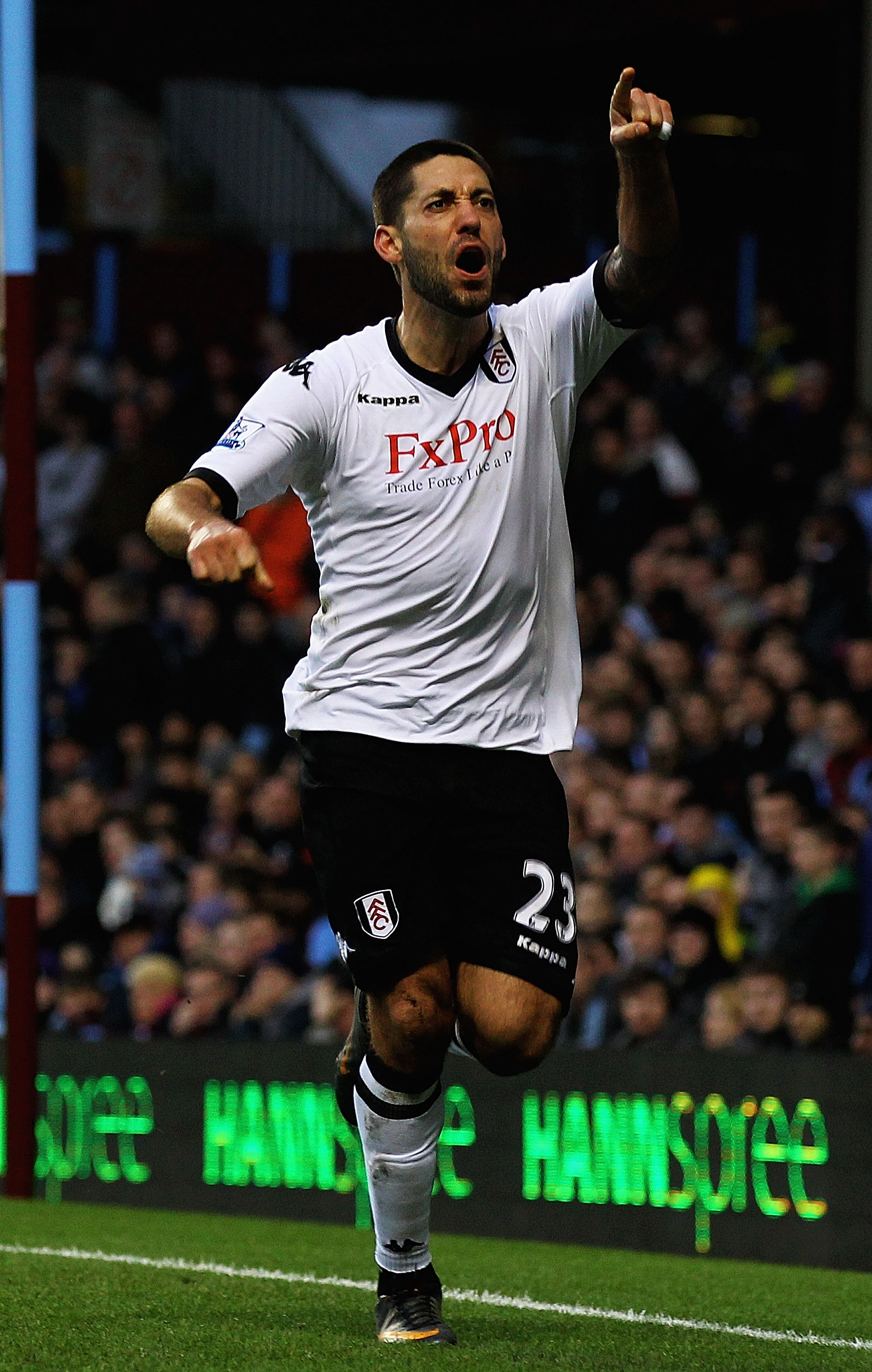 BIRMINGHAM, ENGLAND - FEBRUARY 05:  Clint Dempsey of Fulham celebrates his goal during the Barclays Premier League match between Aston Villa and Fulham at Villa Park on February 5, 2011 in Birmingham, England.  (Photo by Matthew Lewis/Getty Images)