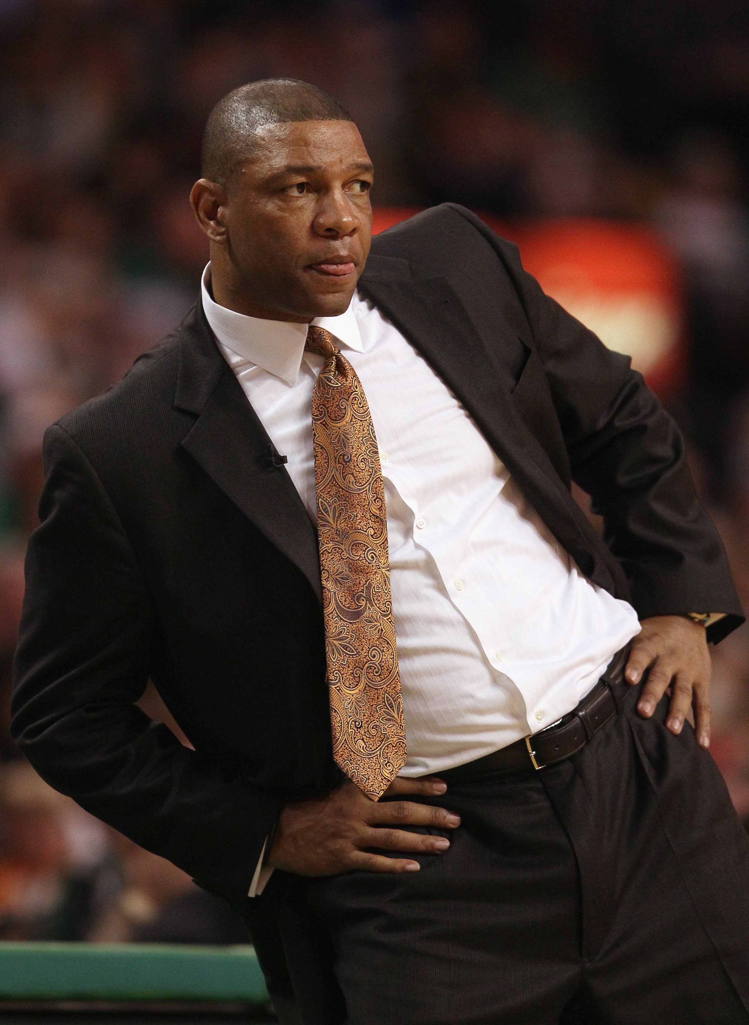 BOSTON, MA - FEBRUARY 06:  Head coach Doc Rivers of the Boston Celtics waits for a call in the second half against the Orlando Magic on February 6, 2011 at the TD Garden in Boston, Massachusetts. The Celtics defeated the Magic 91-80. NOTE TO USER: User ex