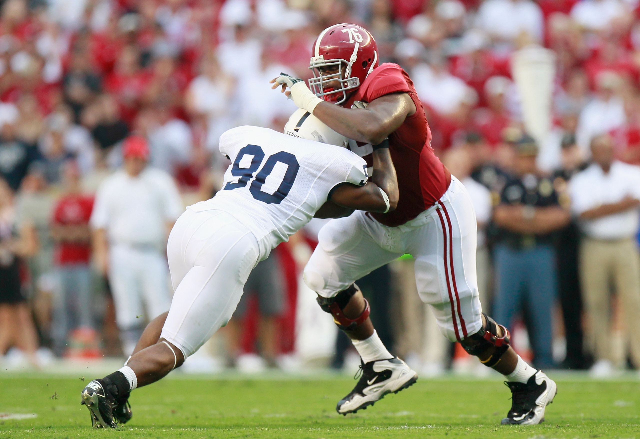 TUSCALOOSA, AL - SEPTEMBER 11: D.J. Fluker #76 of the Alabama Crimson Tide against Sean Stanley #90 of the Penn State Nittany Lions at Bryant-Denny Stadium on September 11, 2010 in Tuscaloosa, Alabama. (Photo by Kevin C. Cox/Getty Images) TUSCALOOSA, AL - SEPTEMBER 11: D.J. Fluker #76 of the Alabama Crimson Tide against Sean Stanley #90 of the Penn State Nittany Lions at Bryant-Denny Stadium on September 11, 2010 in Tuscaloosa, Alabama. (Photo by Kevin C. Cox/Getty Images)