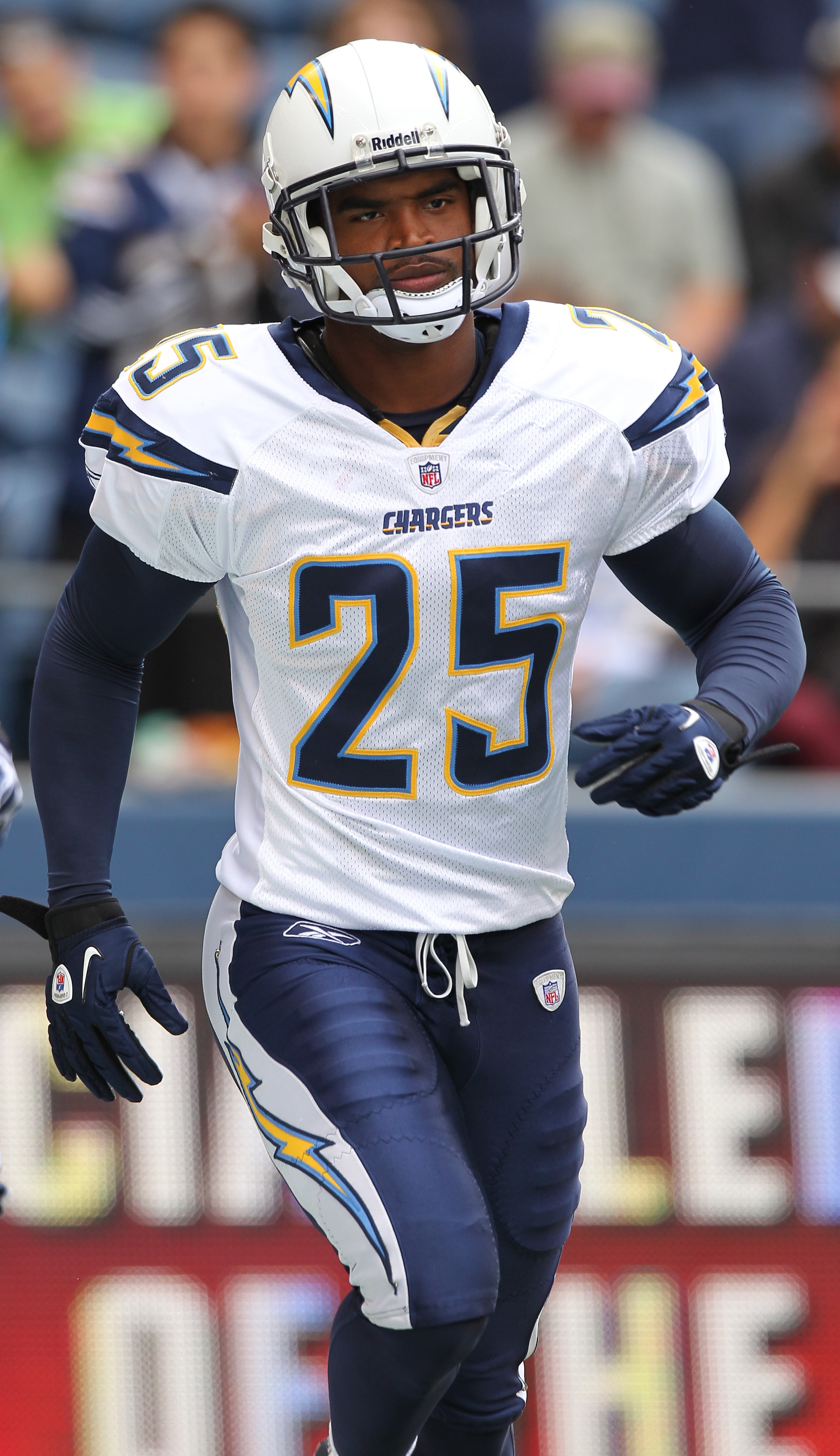 SEATTLE - SEPTEMBER 26:  Strong safety Darrell Stuckey #25 of the San Diego Chargers looks on during warmups prior to the game  against the Seattle Seahawks at Qwest Field on September 26, 2010 in Seattle, Washington. (Photo by Otto Greule Jr/Getty Images