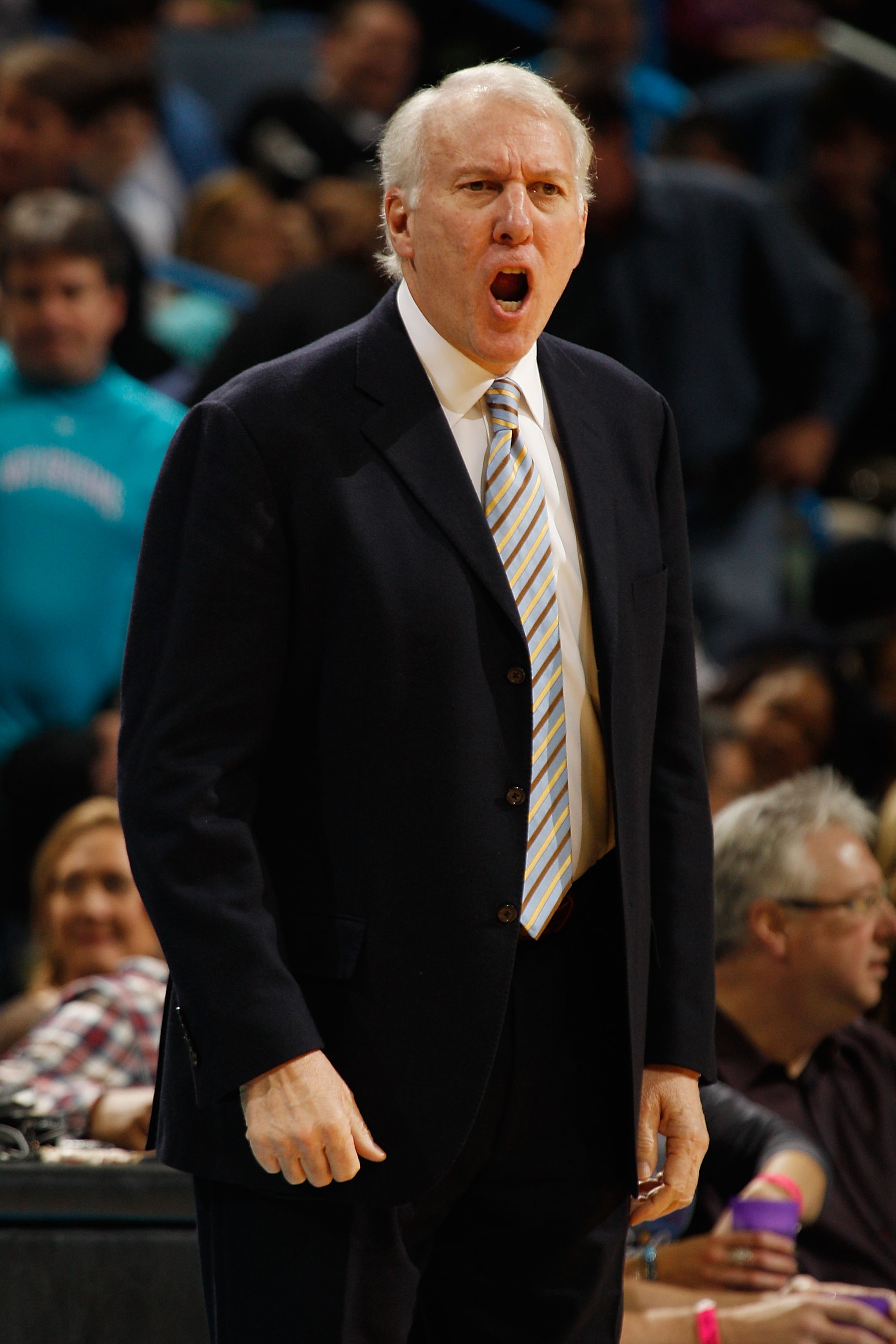 NEW ORLEANS, LA - JANUARY 22:  Head coach Greg Popovich of the San Antonio Spurs calls to his players during the game against the New Orleans Hornets at the New Orleans Arena on January 22, 2011 in New Orleans, Louisiana.  NOTE TO USER: User expressly ack