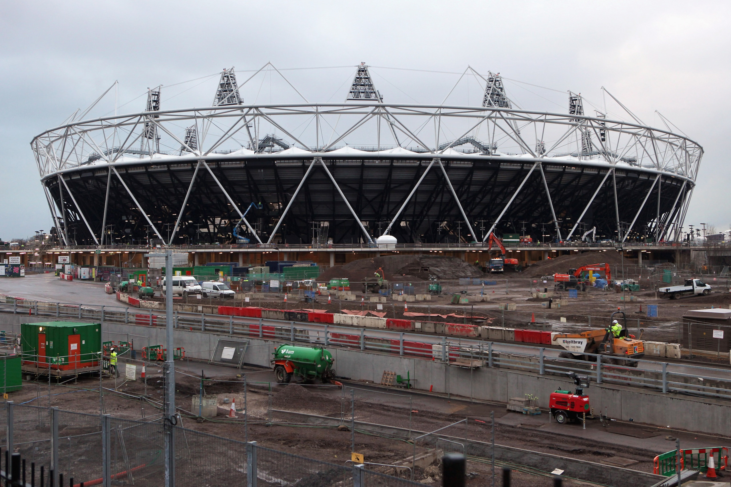 STRATFORD, ENGLAND - JANUARY 25:  The Olympic Stadium at Stratford, which was due to be the finish point of the Olympic marathon route in 2012, however the race will now be staged entirely in central London, on January 25, 2011 in London, England. The Lon