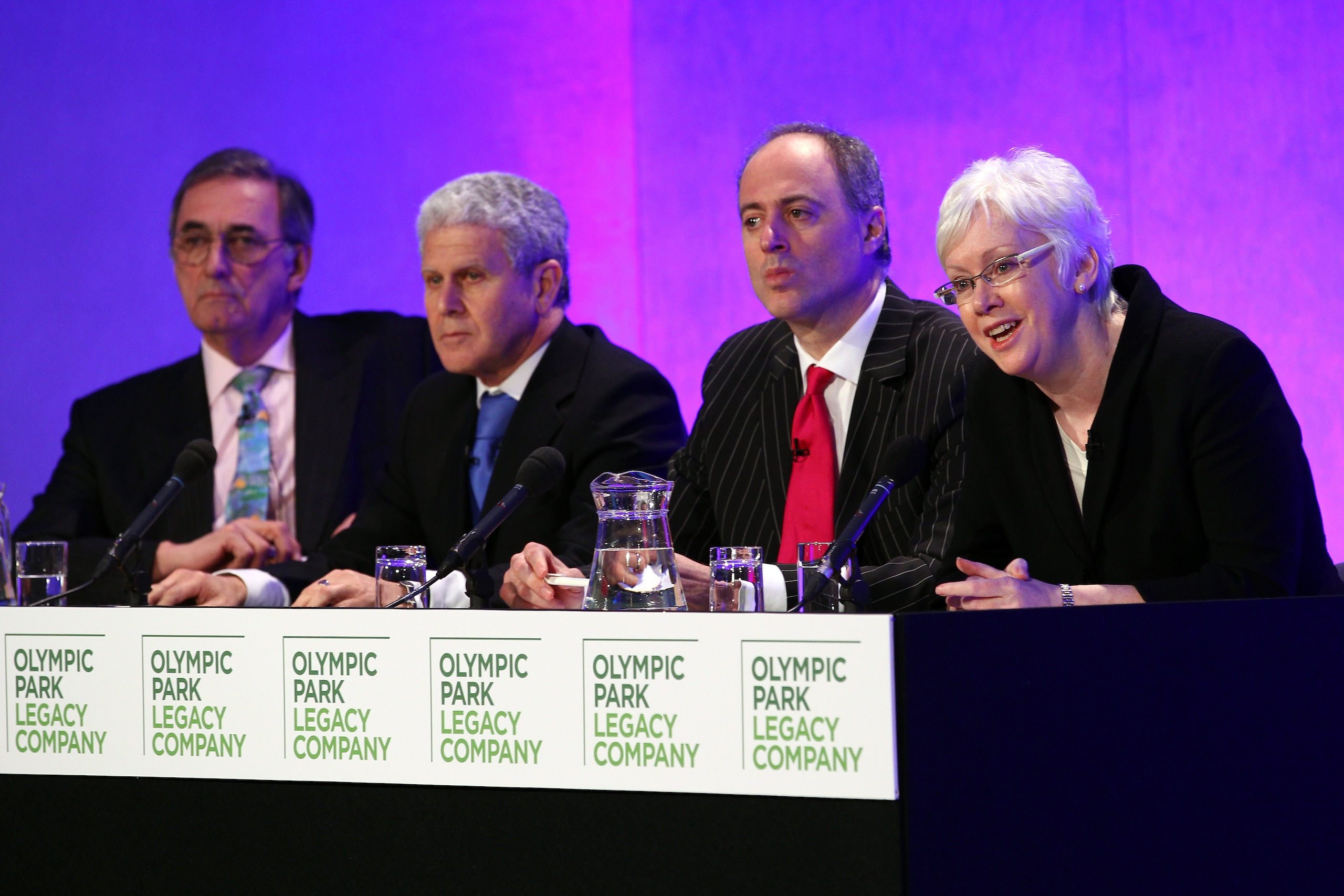 LONDON, ENGLAND - FEBRUARY 11:  (R-L) Margaret Anne Ford, Baroness Ford, Chairman of the London 2012 Olympic Park Legacy Company, board members Andrew Altman, Keith Edelman and David Edmunds talk to the media at the Olympic Stadium Legacy annoucment at th