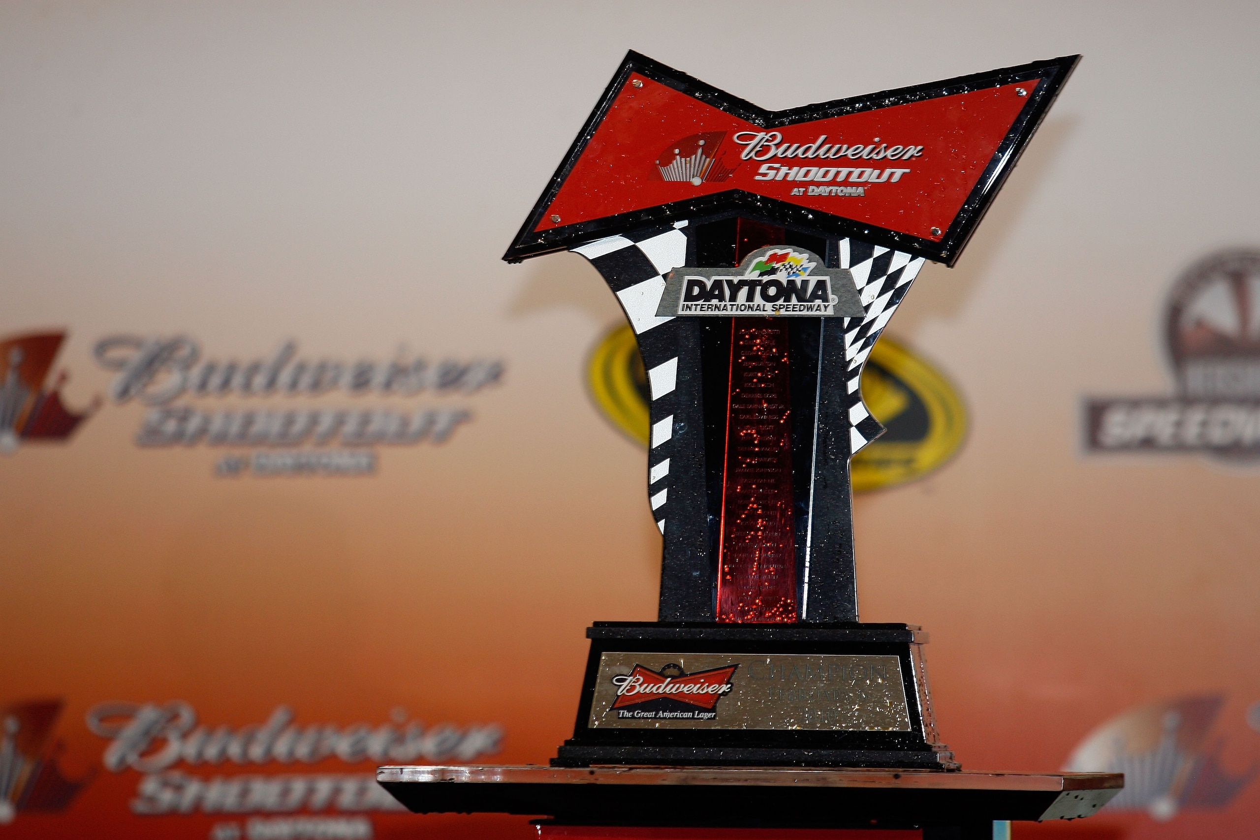 DAYTONA BEACH, FL - FEBRUARY 06: The Trophy rest in Victory Lane  after Kevin Harvick, driver of the #29 Shell/Pennzoil Chevrolet, won the Budweiser Shootout at Daytona International Speedway on February 6, 2010 in Daytona Beach, Florida.  (Photo by Jason