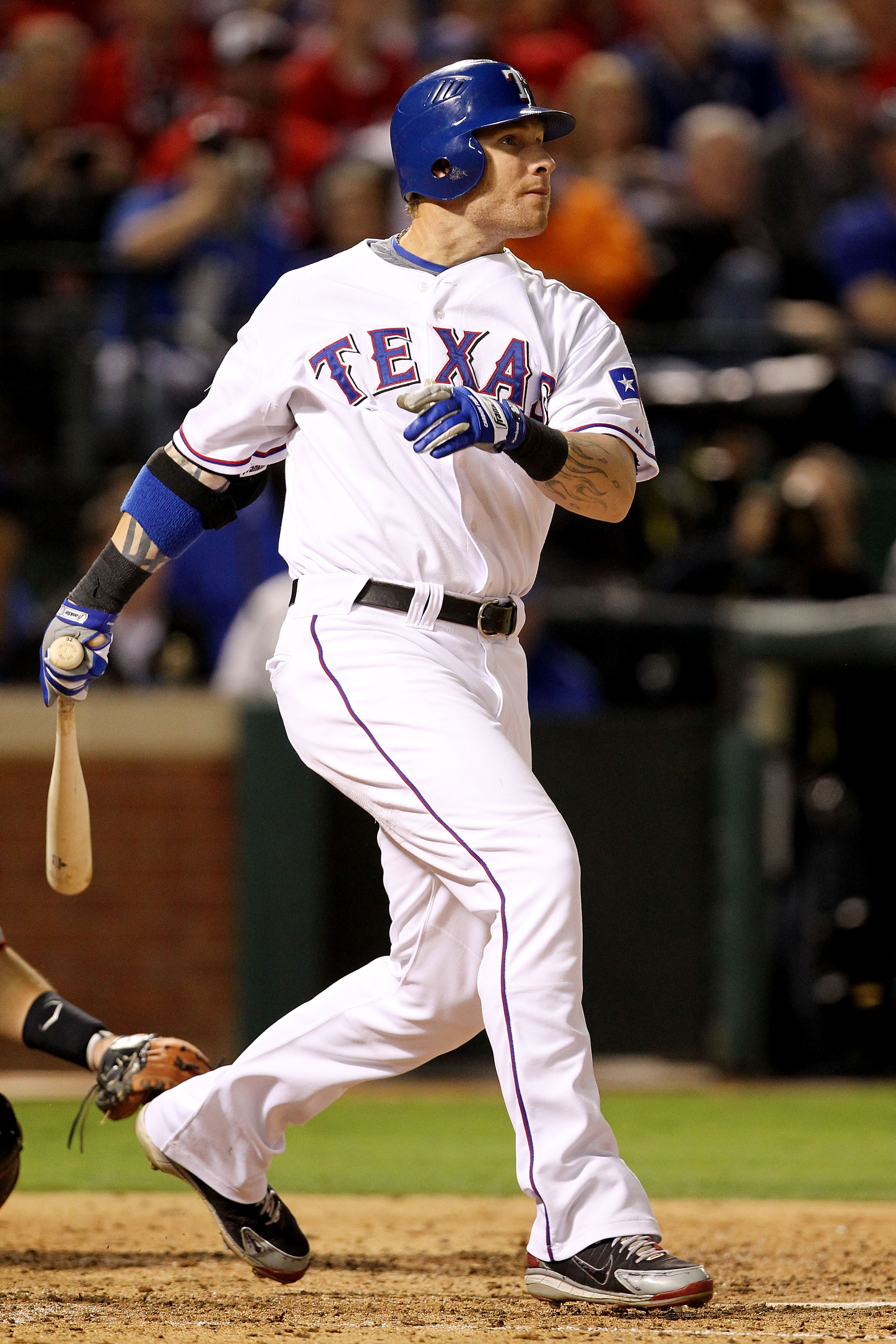 ARLINGTON, TX - OCTOBER 30:  Josh Hamilton #32 of the Texas Rangers hits a solo home run in the bottom of the fifht inning against the San Francisco Giants in Game Three of the 2010 MLB World Series at Rangers Ballpark in Arlington on October 30, 2010 in