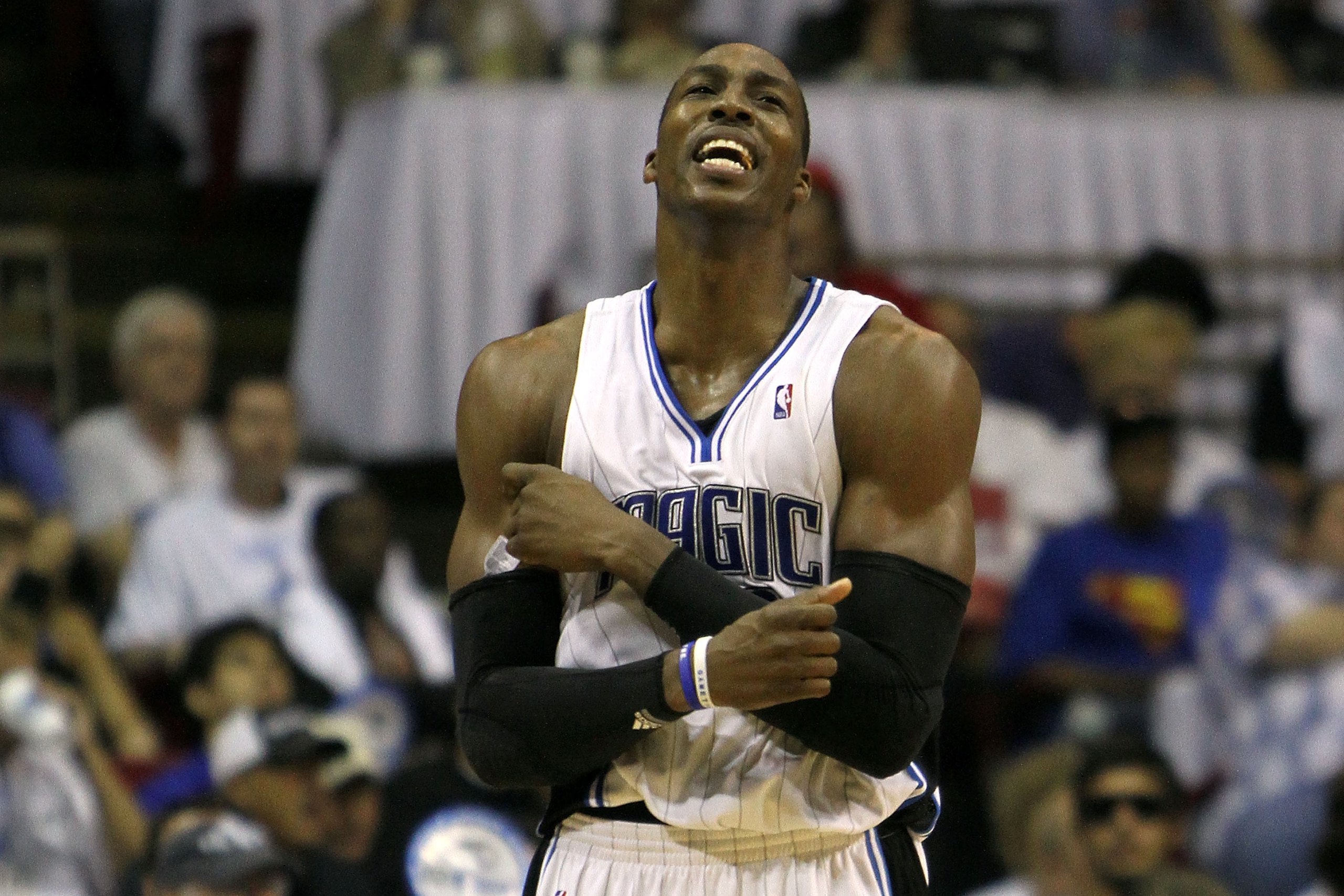 ORLANDO, FL - MAY 16: Dwight Howard #12 of the Orlando Magic reacts against the Boston Celtics in Game One of the Eastern Conference Finals during the 2010 NBA Playoffs at Amway Arena on May 16, 2010 in Orlando, Florida. NOTE TO USER: User expressly ack ORLANDO, FL - MAY 16: Dwight Howard #12 of the Orlando Magic reacts against the Boston Celtics in Game One of the Eastern Conference Finals during the 2010 NBA Playoffs at Amway Arena on May 16, 2010 in Orlando, Florida. NOTE TO USER: User expressly ack