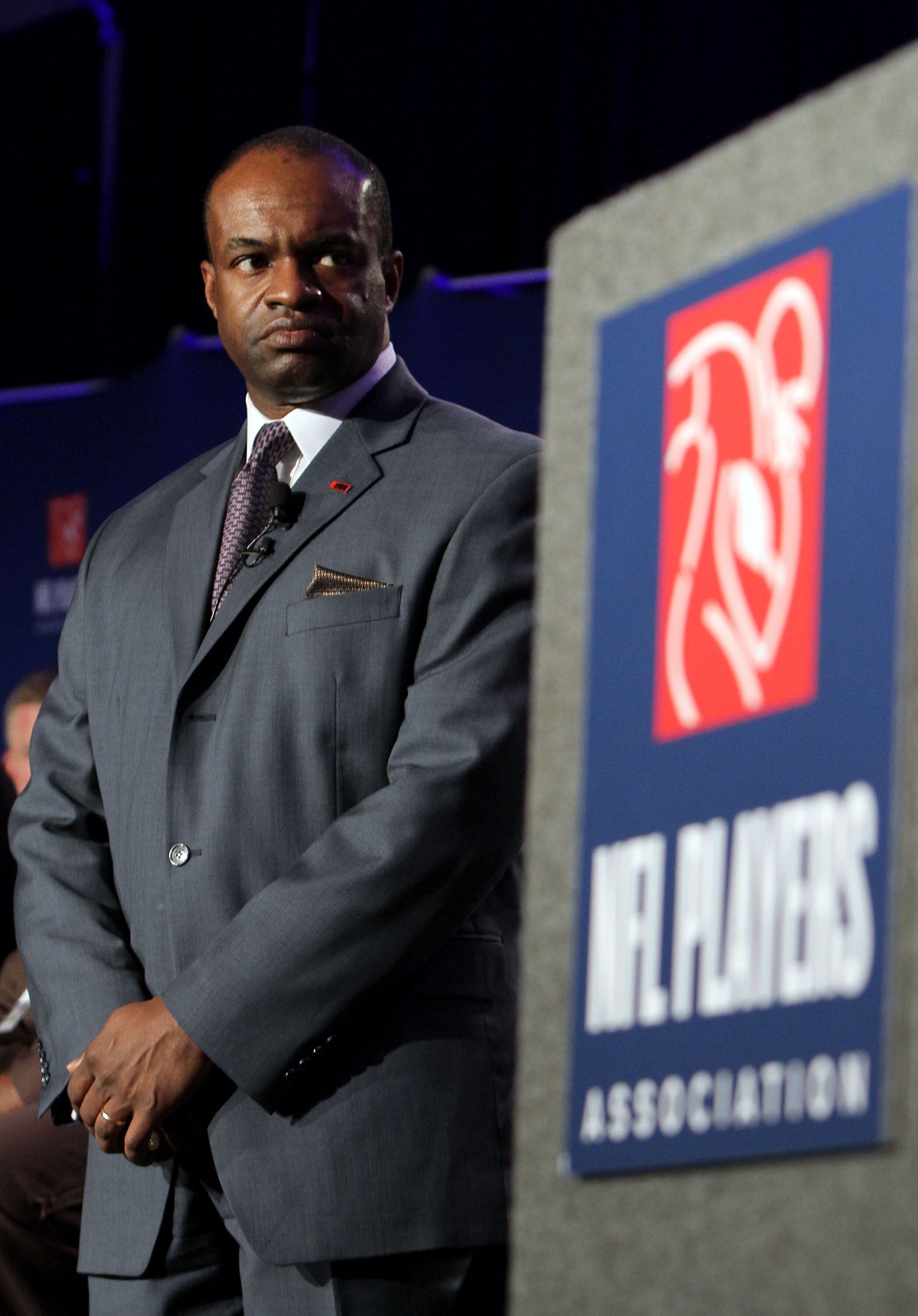 FORT LAUDERDALE, FL - FEBRUARY 04:  DeMaurice Smith, NFL Player's Association Executive Director, looks on during the NFL Player's Association Press Conference held at the Fort Lauderdale Convention Center as part of media week for Super Bowl XLIV on Febr