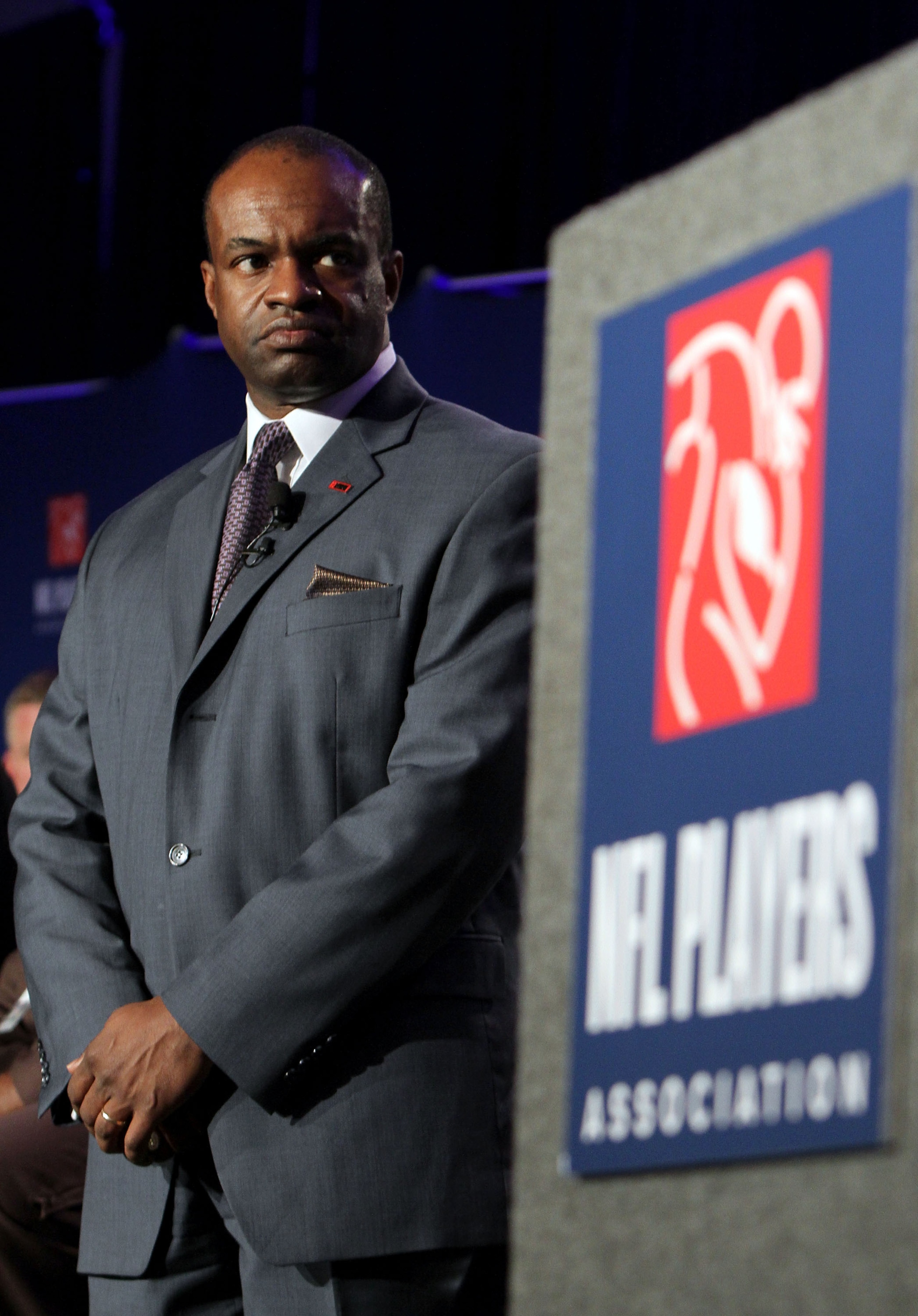 FORT LAUDERDALE, FL - FEBRUARY 04:  DeMaurice Smith, NFL Player's Association Executive Director, looks on during the NFL Player's Association Press Conference held at the Fort Lauderdale Convention Center as part of media week for Super Bowl XLIV on Febr