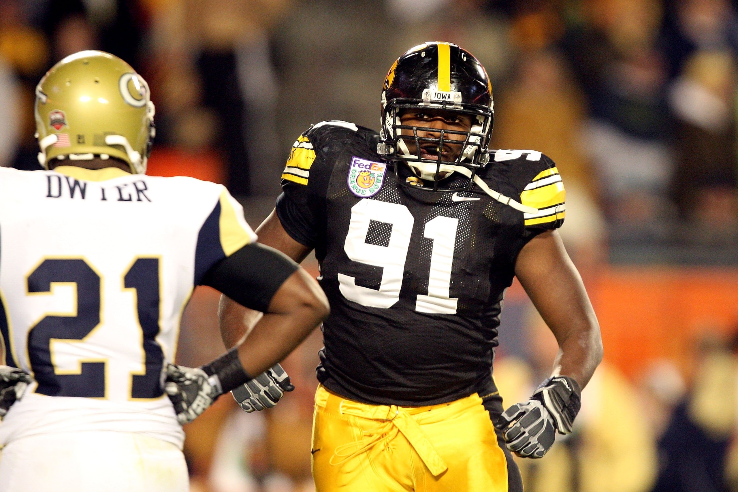 MIAMI GARDENS, FL - JANUARY 05:  Broderick Binns #91 of the Iowa Hawkeyes looks on against the Georgia Tech Yellow Jackets during the FedEx Orange Bowl at Land Shark Stadium on January 5, 2010 in Miami Gardens, Florida. Iowa won 24-14. (Photo by Streeter