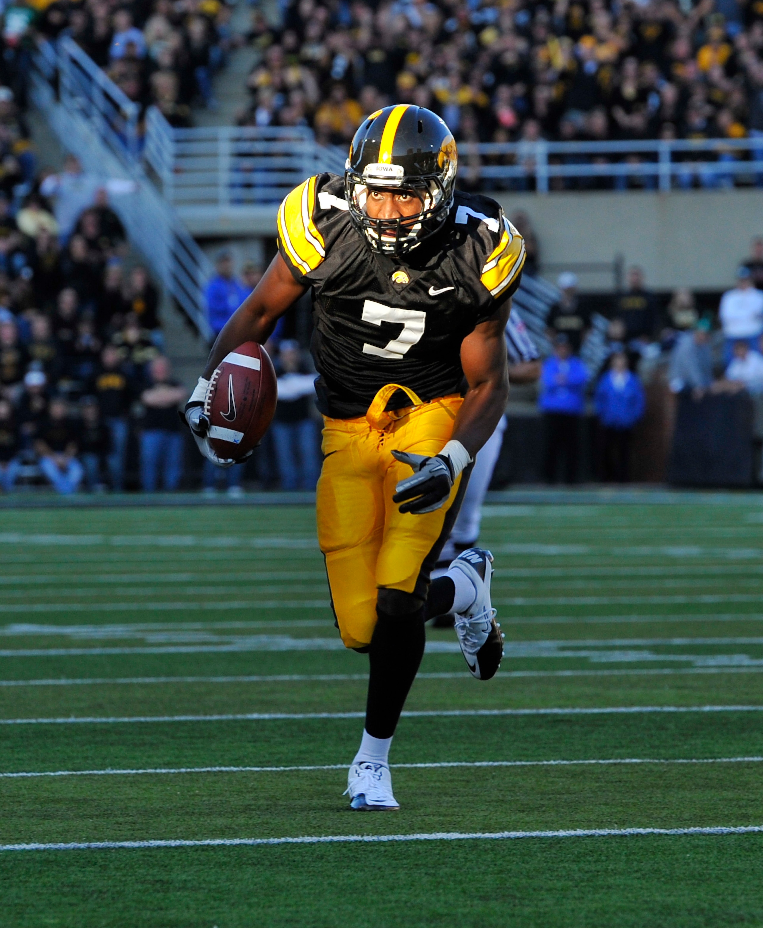 IOWA CITY, IA - OCTOBER 30- Wide receiver Marvin McNutt #7 of the University of Iowa Hawkeyes drives the ball into the end zone for a touch down during the second half of play against the Michigan State Spartans at Kinnick Stadium on October 30, 2010 in I