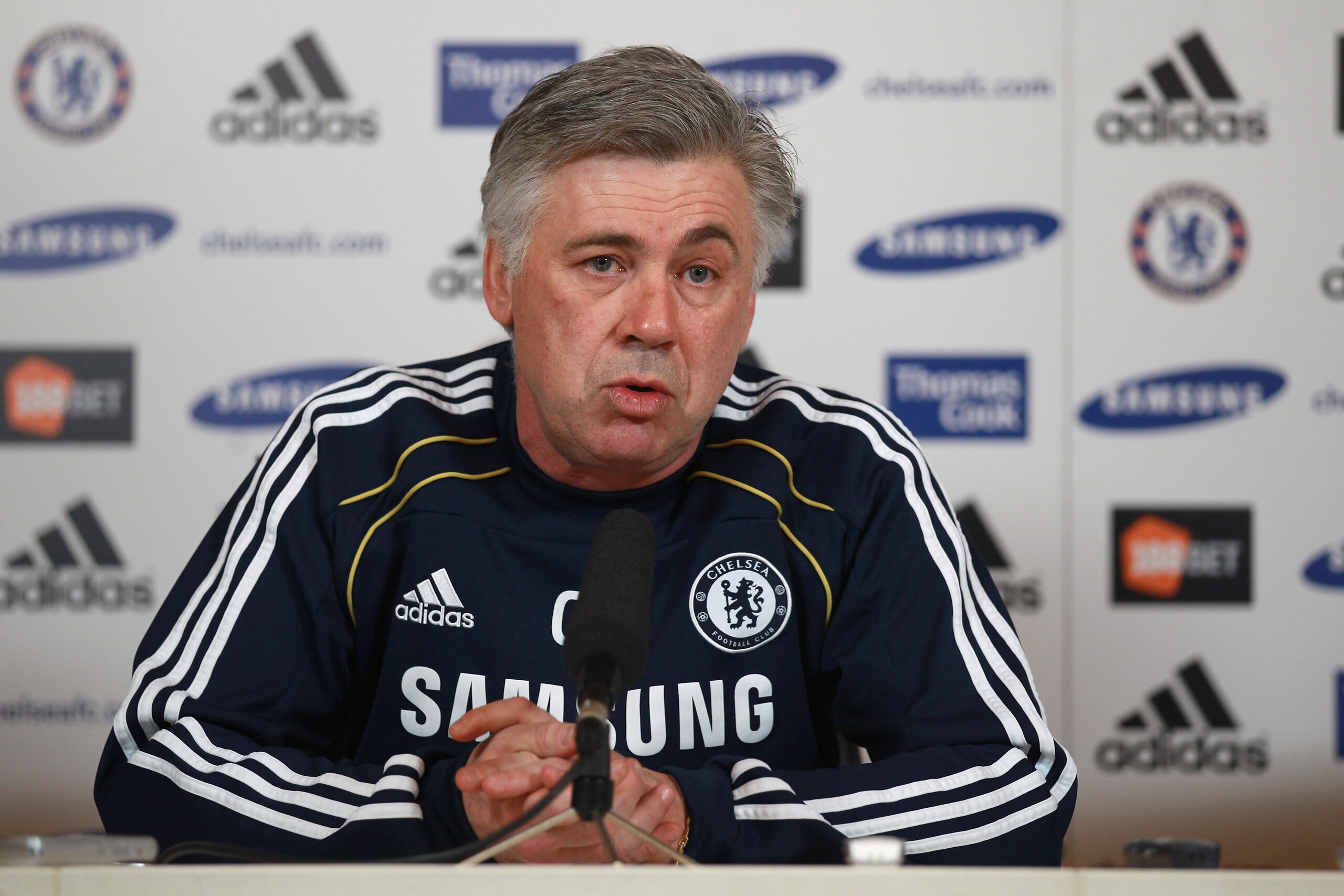 COBHAM, ENGLAND - FEBRUARY 11:  Chelsea manager Carlo Ancelotti address a press conference at the Cobham training ground on February 11, 2011 in Cobham, England.  (Photo by Warren Little/Getty Images)