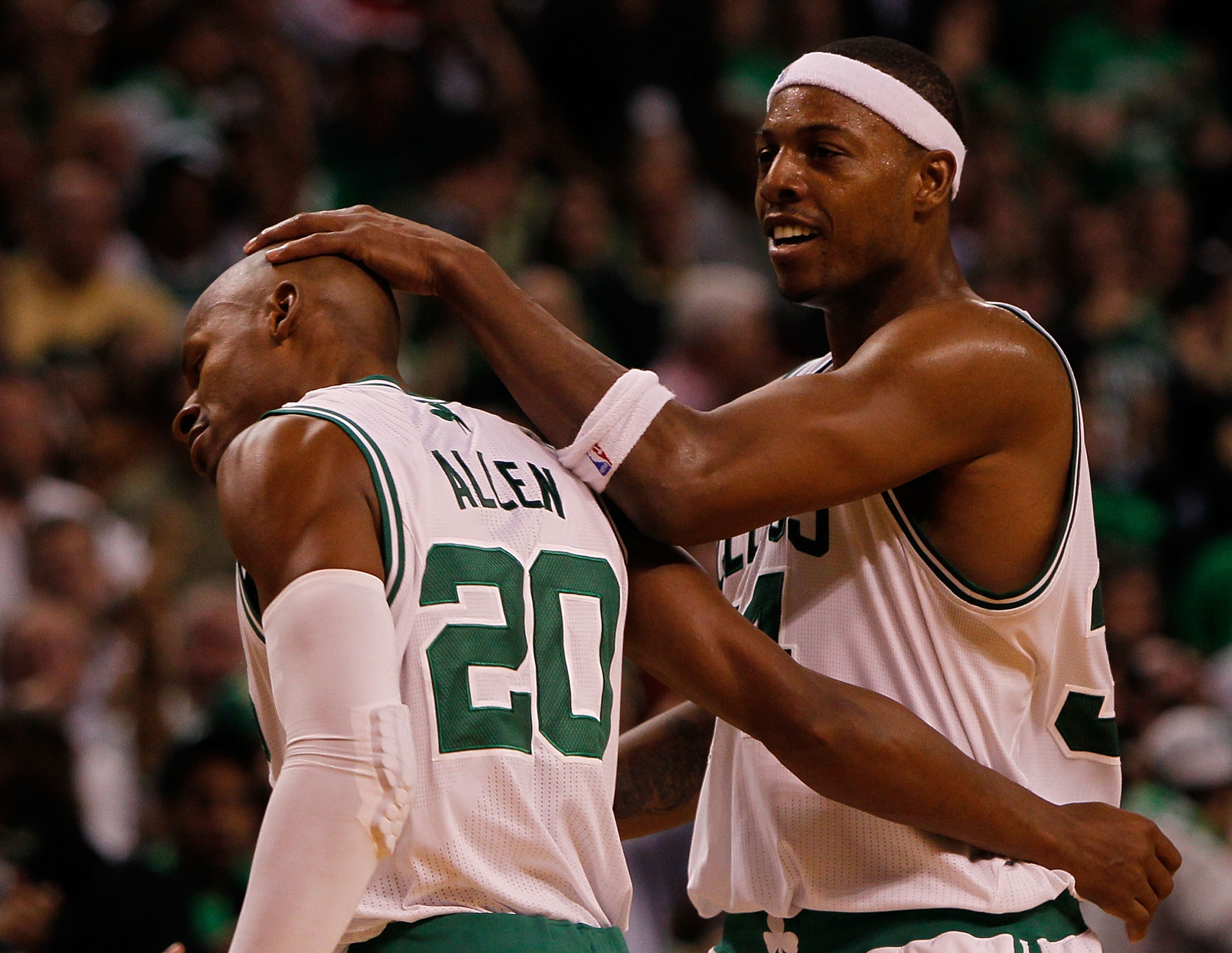 BOSTON, MA - OCTOBER 26: Ray Allen #20 of the Boston Celtics celebrates his basket with teammate Paul Pierce #34 during a game against the Miami Heat at the TD Banknorth Garden on October 26, 2010 in Boston, Massachusetts. NOTE TO USER: User expressly ac BOSTON, MA - OCTOBER 26: Ray Allen #20 of the Boston Celtics celebrates his basket with teammate Paul Pierce #34 during a game against the Miami Heat at the TD Banknorth Garden on October 26, 2010 in Boston, Massachusetts. NOTE TO USER: User expressly ac