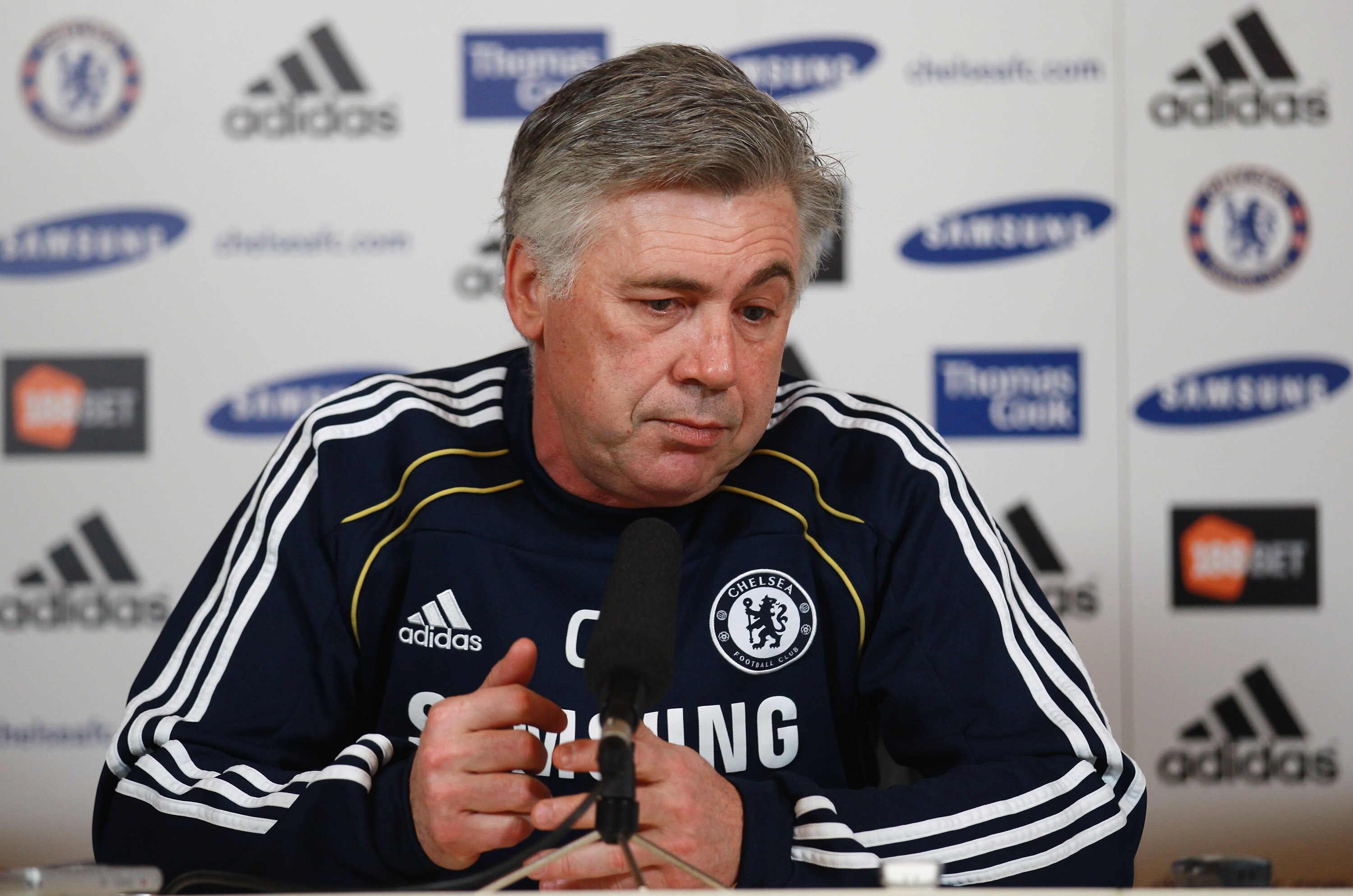 COBHAM, ENGLAND - FEBRUARY 11:  Chelsea manager Carlo Ancelotti address a press conference at the Cobham training ground on February 11, 2011 in Cobham, England.  (Photo by Warren Little/Getty Images)