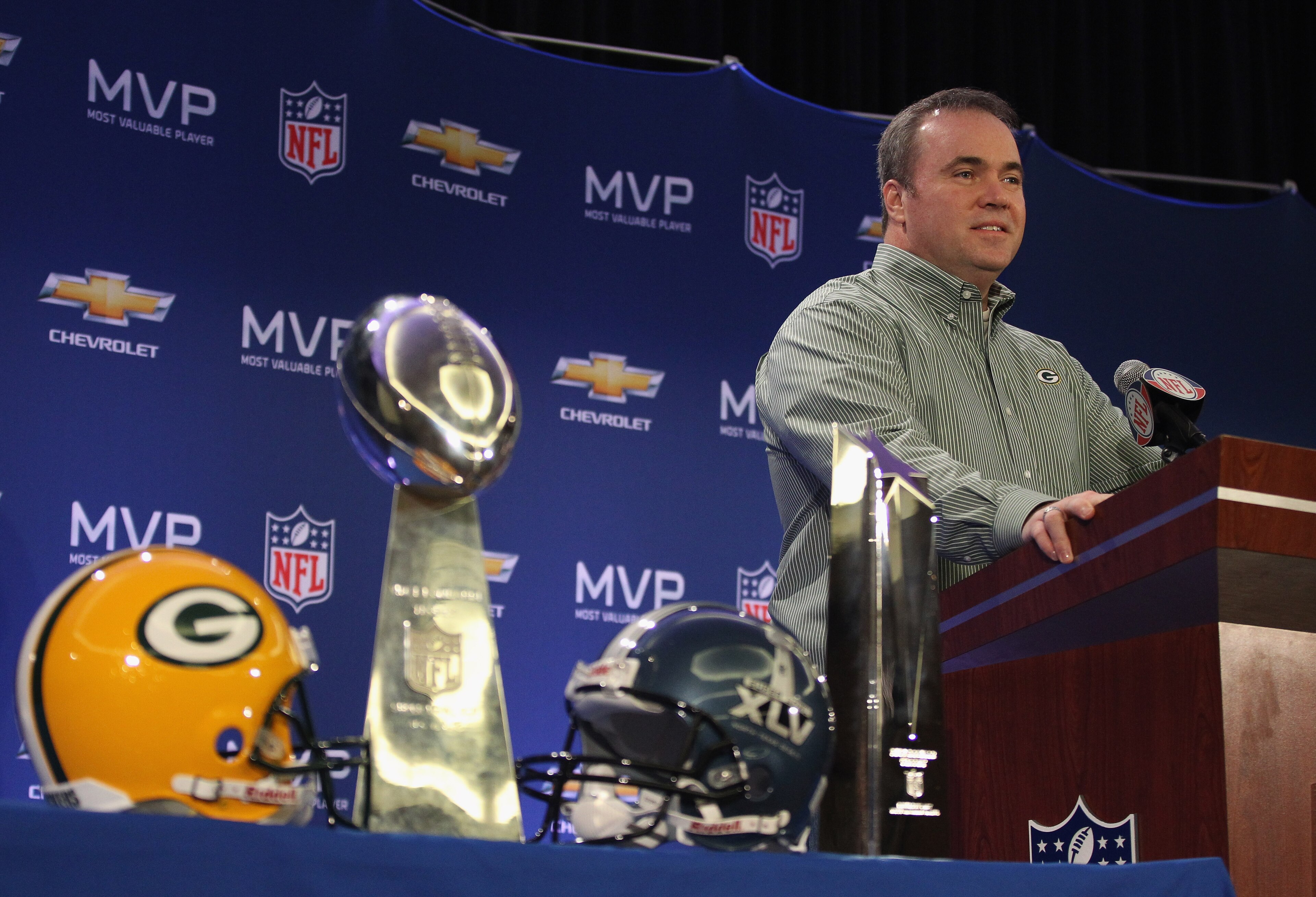DALLAS, TX - FEBRUARY 07: Head coach Mike McCarthy of the Green Bay Packers speaks to the media during a press conference at Super Bowl XLV Media Center on February 7, 2011 in Dallas, Texas. (Photo by Streeter Lecka/Getty Images) DALLAS, TX - FEBRUARY 07: Head coach Mike McCarthy of the Green Bay Packers speaks to the media during a press conference at Super Bowl XLV Media Center on February 7, 2011 in Dallas, Texas. (Photo by Streeter Lecka/Getty Images)