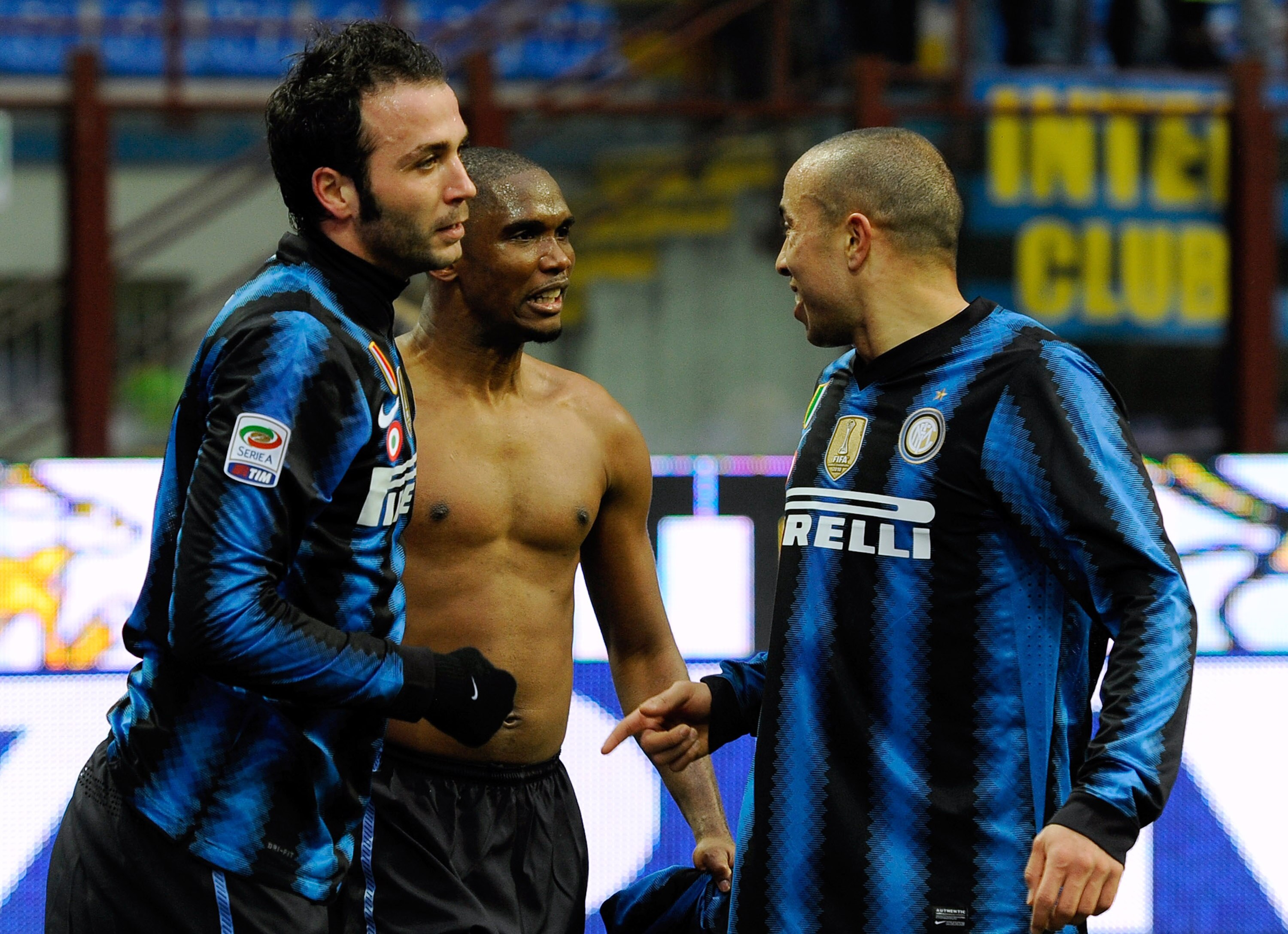 MILAN, ITALY - JANUARY 30:  Samuel Eto'o (C) of FC Internazionale Milano celebrates with team mates Houssine Kharja (R) and Giampaolo Pazzini after scoring his team's third goal during the Serie A match between FC Internazionale Milano and US Citta di Pal