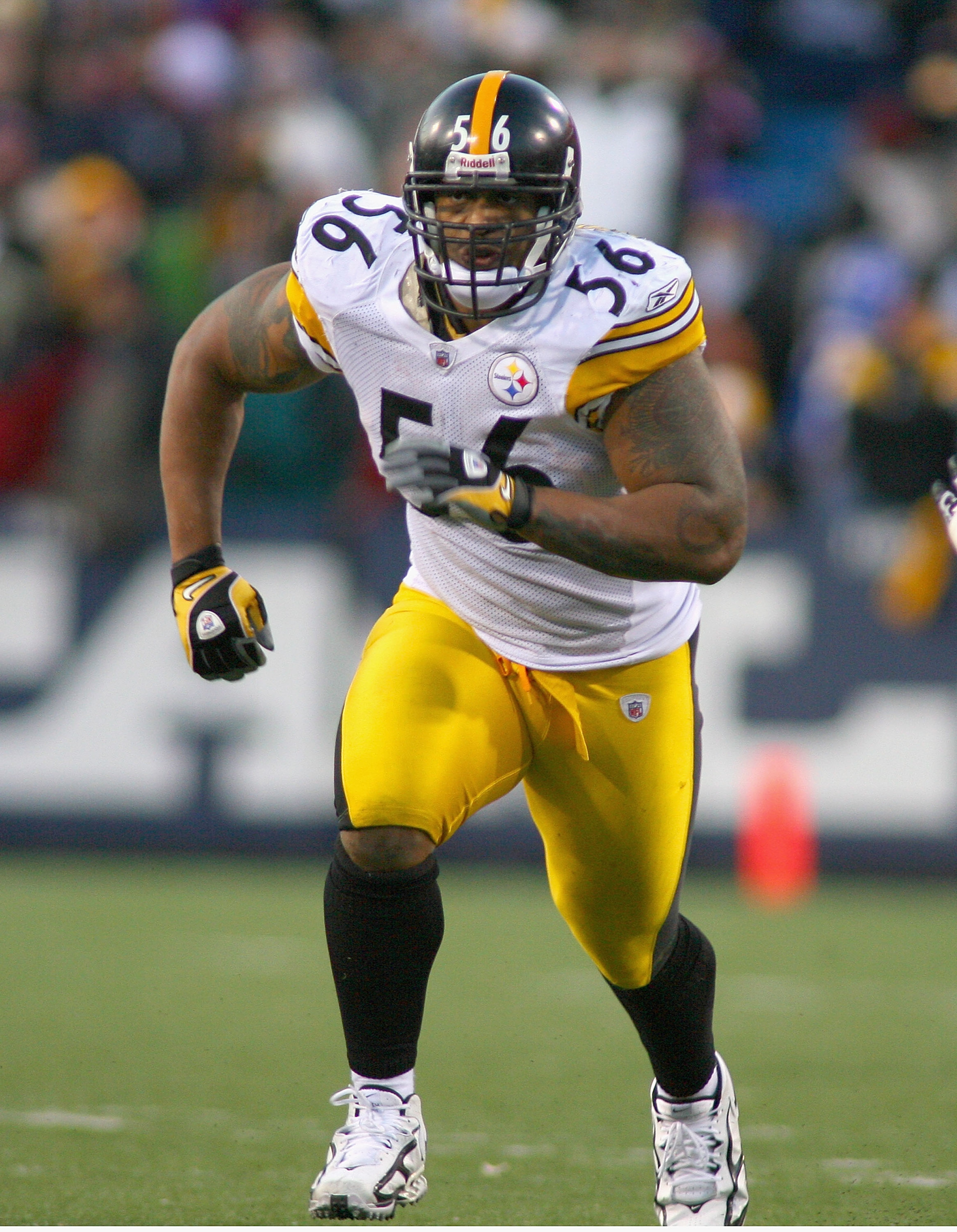 ORCHARD PARK, NY - NOVEMBER 28: LaMarr Woodley #56 of the Pittsburgh Steelers plays against the Buffalo Bills at Ralph Wilson Stadium at Ralph Wilson Stadium on November 28, 2010 in Orchard Park, New York. Pittsburgh won 19-16 in overtime. (Photo by Ric ORCHARD PARK, NY - NOVEMBER 28: LaMarr Woodley #56 of the Pittsburgh Steelers plays against the Buffalo Bills at Ralph Wilson Stadium at Ralph Wilson Stadium on November 28, 2010 in Orchard Park, New York. Pittsburgh won 19-16 in overtime. (Photo by Ric