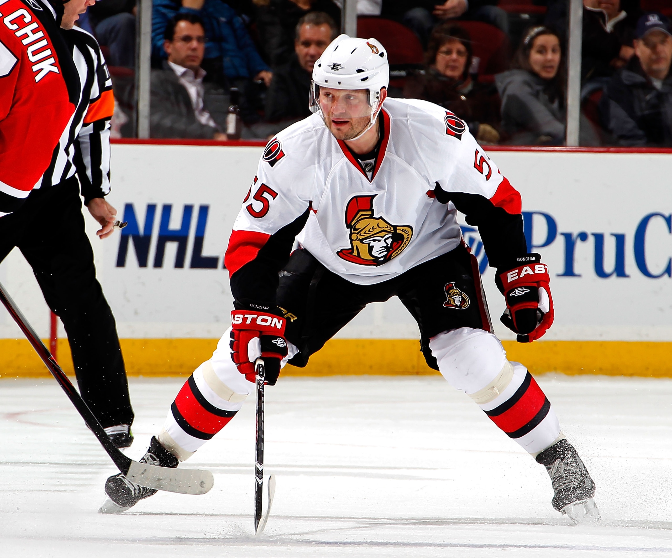 NEWARK, NJ - FEBRUARY 01: Sergei Gonchar #55 of the Ottawa Senators skates in an NHL hockey game against the New Jersey Devils at the Prudential Center on February 1, 2011 in Newark, New Jersey. (Photo by Paul Bereswill/Getty Images) NEWARK, NJ - FEBRUARY 01: Sergei Gonchar #55 of the Ottawa Senators skates in an NHL hockey game against the New Jersey Devils at the Prudential Center on February 1, 2011 in Newark, New Jersey. (Photo by Paul Bereswill/Getty Images)