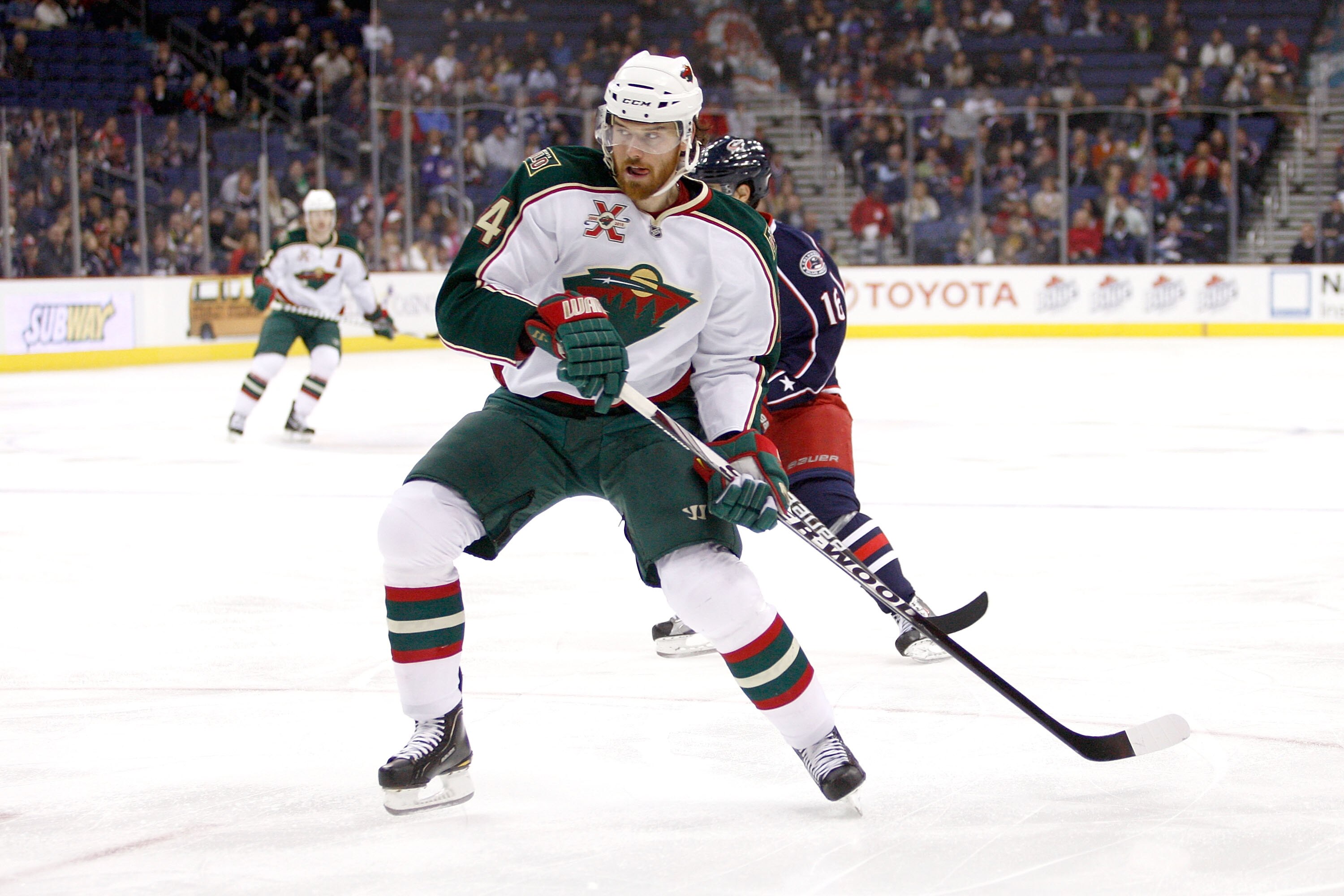 COLUMBUS,OH - NOVEMBER 06:  Martin Havlat #24 of the Minnesota Wild skates with the puck against the Columbus Blue Jackets on November 6, 2010 at Nationwide Arena in Columbus, Ohio.  (Photo by John Grieshop/Getty Images)