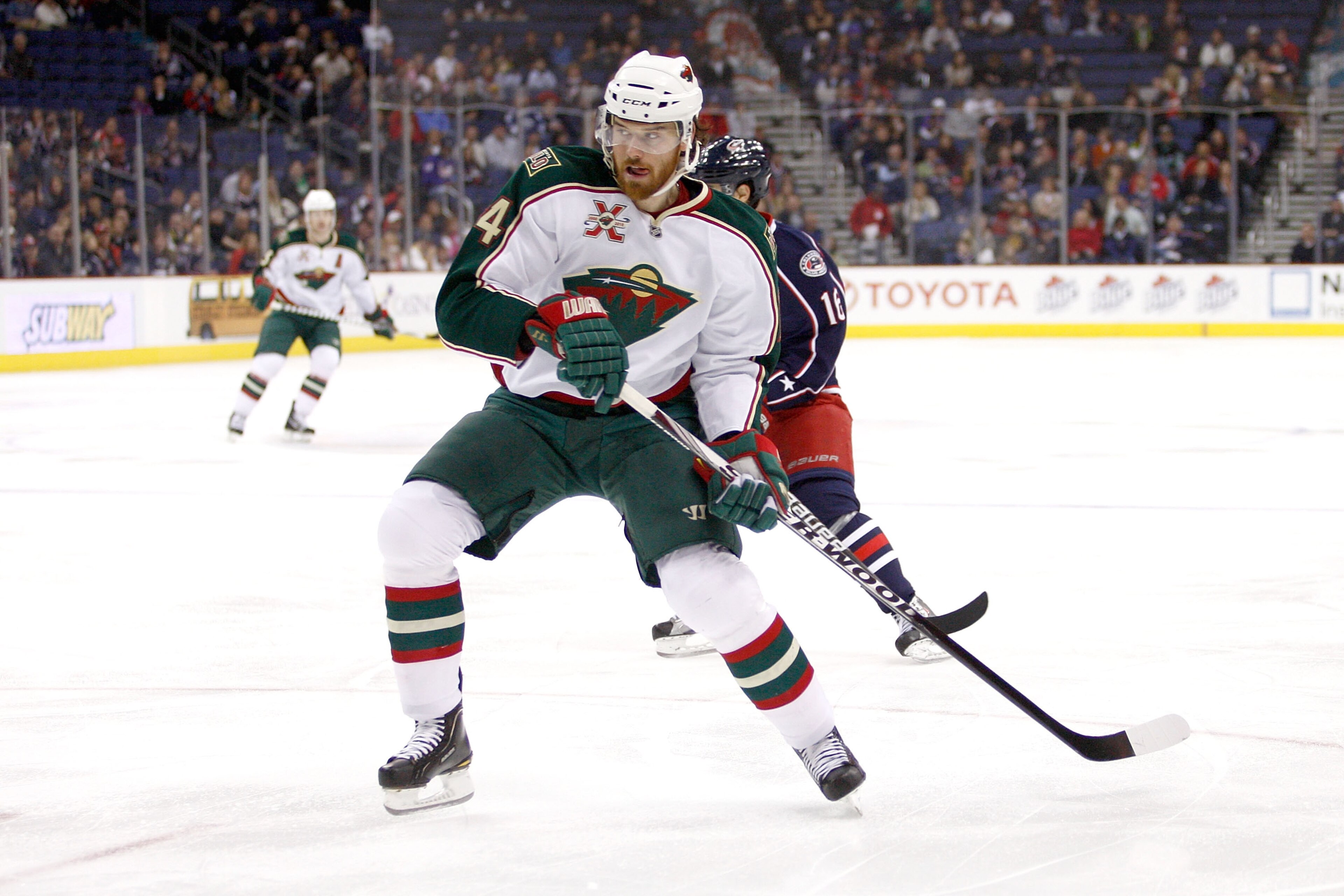 COLUMBUS,OH - NOVEMBER 06:  Martin Havlat #24 of the Minnesota Wild skates with the puck against the Columbus Blue Jackets on November 6, 2010 at Nationwide Arena in Columbus, Ohio.  (Photo by John Grieshop/Getty Images)