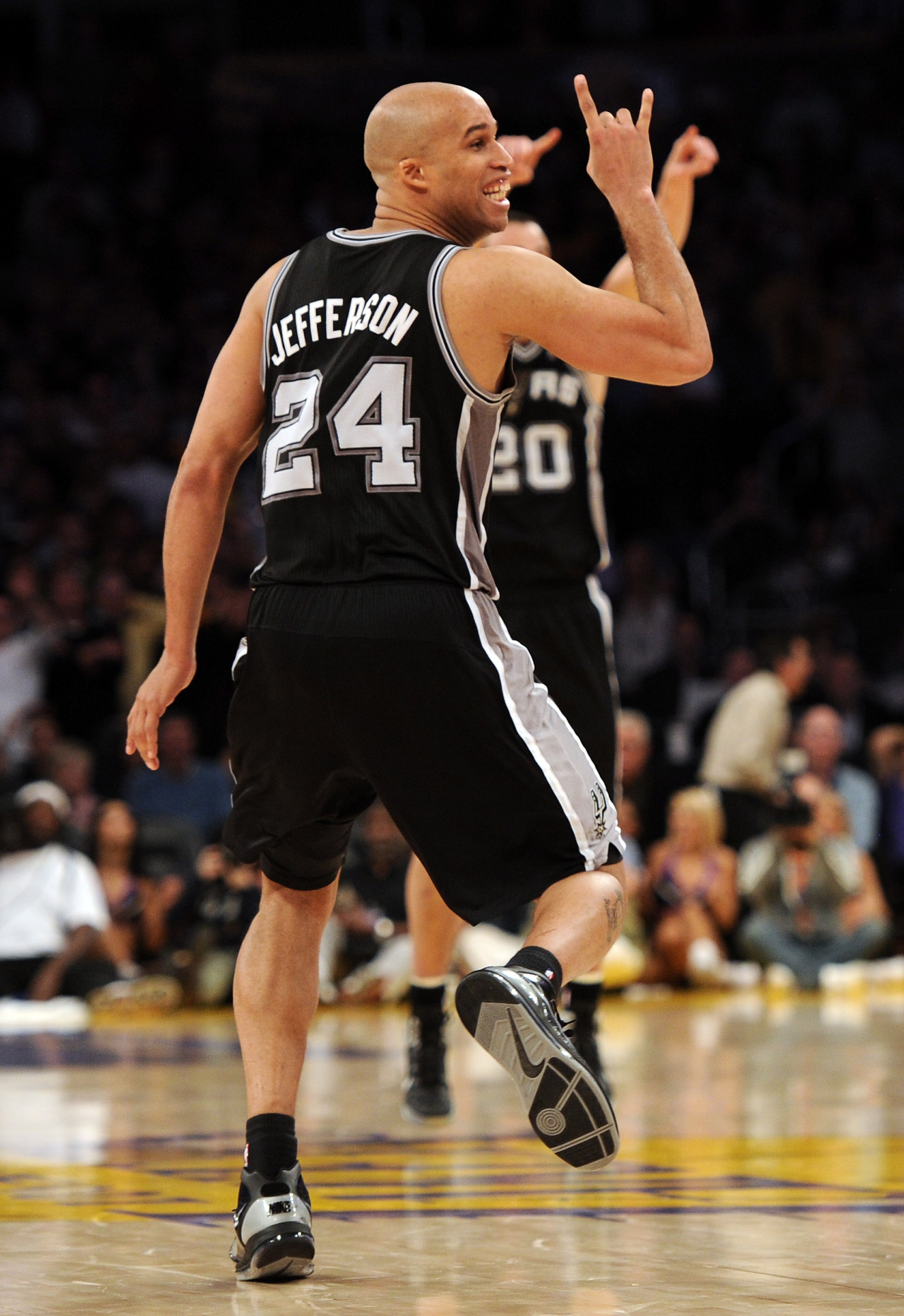 LOS ANGELES, CA - FEBRUARY 03:  Richard Jefferson #24 of the San Antonio Spurs celebrates a last second tip in by Antonio McDyess #34 for a 89-88 Spur win over the Los Angeles Lakers at Staples Center on February 3, 2011 in Los Angeles, California.  NOTE