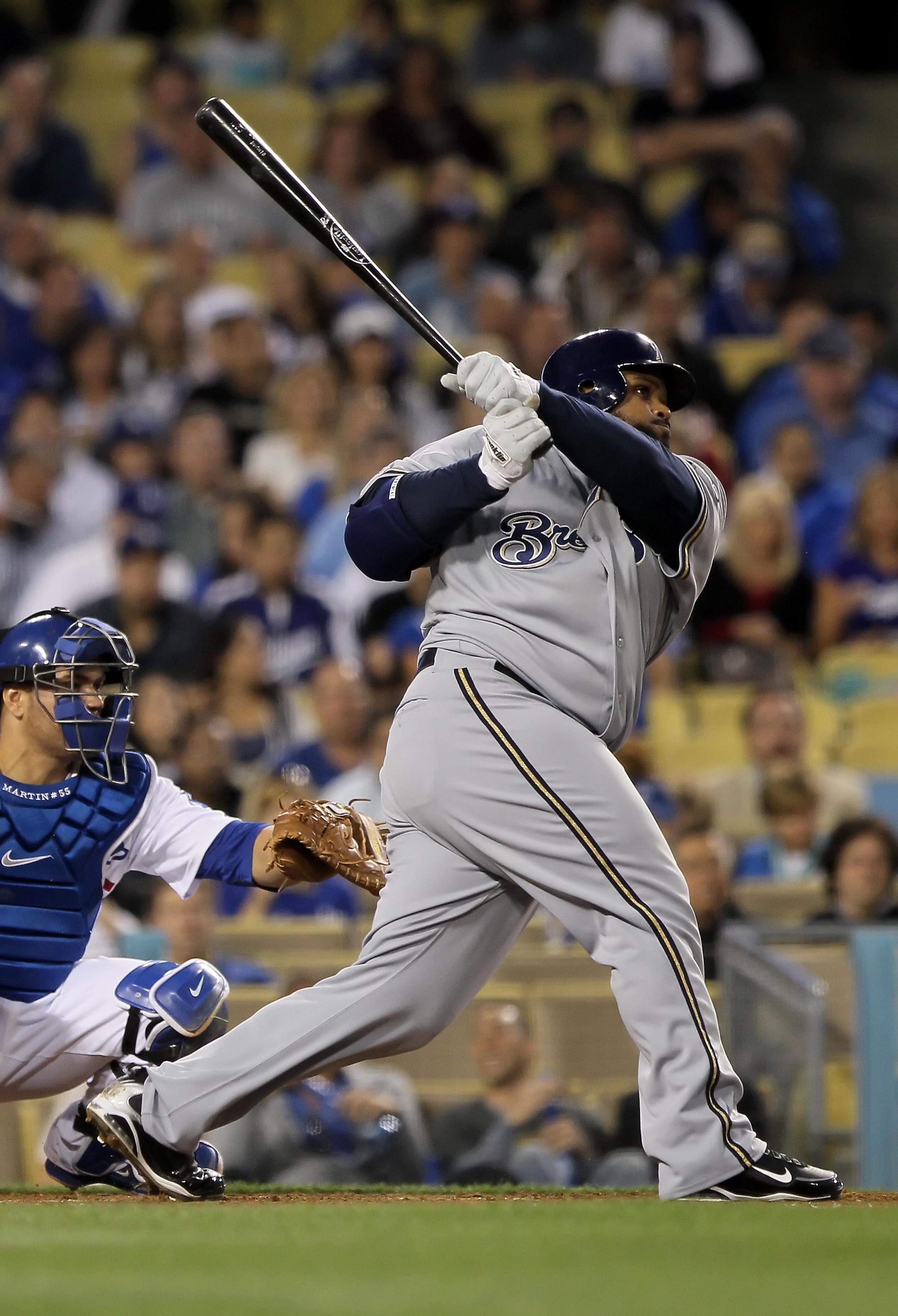 LOS ANGELES, CA - MAY 04:  Prince Fielder #28 of the Milwaukee Brewers hits a two-run homerun in the second inning against the Los Angeles Dodgers at Dodger Stadium on May 4, 2010 in Los Angeles, California.  (Photo by Jeff Gross/Getty Images)