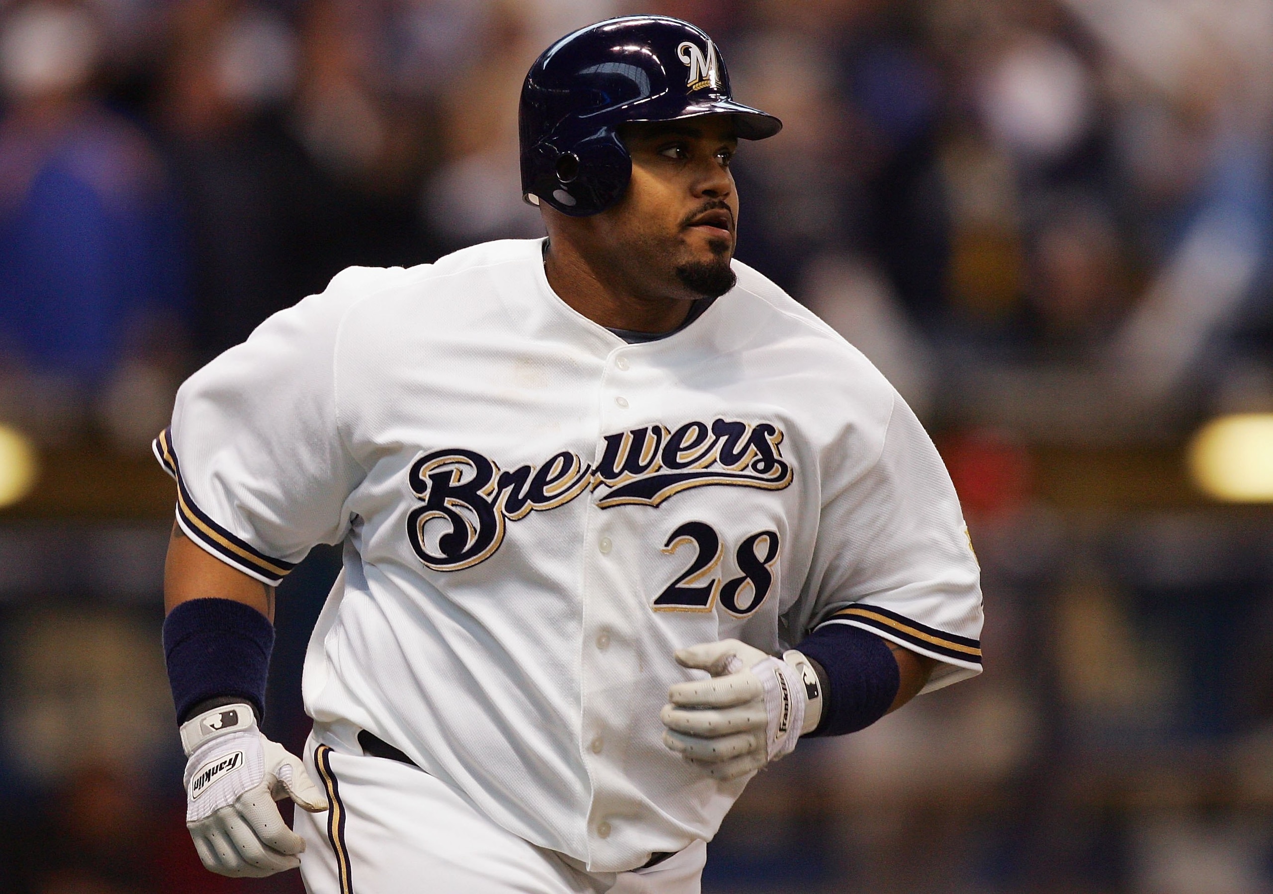 MILWAUKEE - OCTOBER 05: Prince Fielder #28 of the Milwaukee Brewers runs the bases after his home run against the Philadelphia Phillies in game four of the NLDS during the 2008 MLB playoffs at Miller Park on October 5, 2008 in Milwaukee, Wisconsin. The Ph